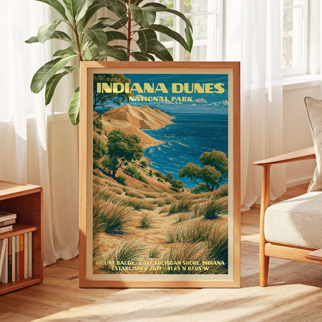 Indiana Dunes poster in oak, leaning by a sunlit window with sheer curtains and a low bookshelf