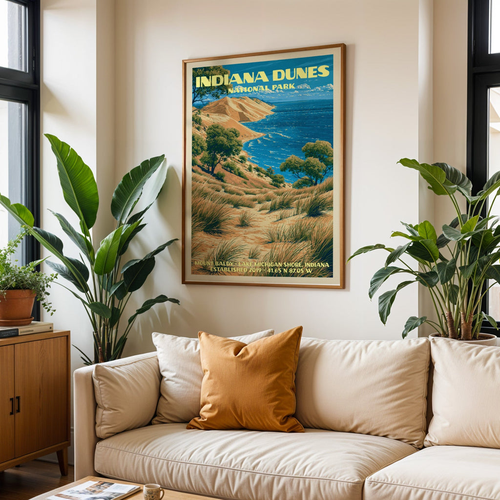 Indiana Dunes vintage travel print in oak above a cream sofa with a rust cushion and tall tropical plants