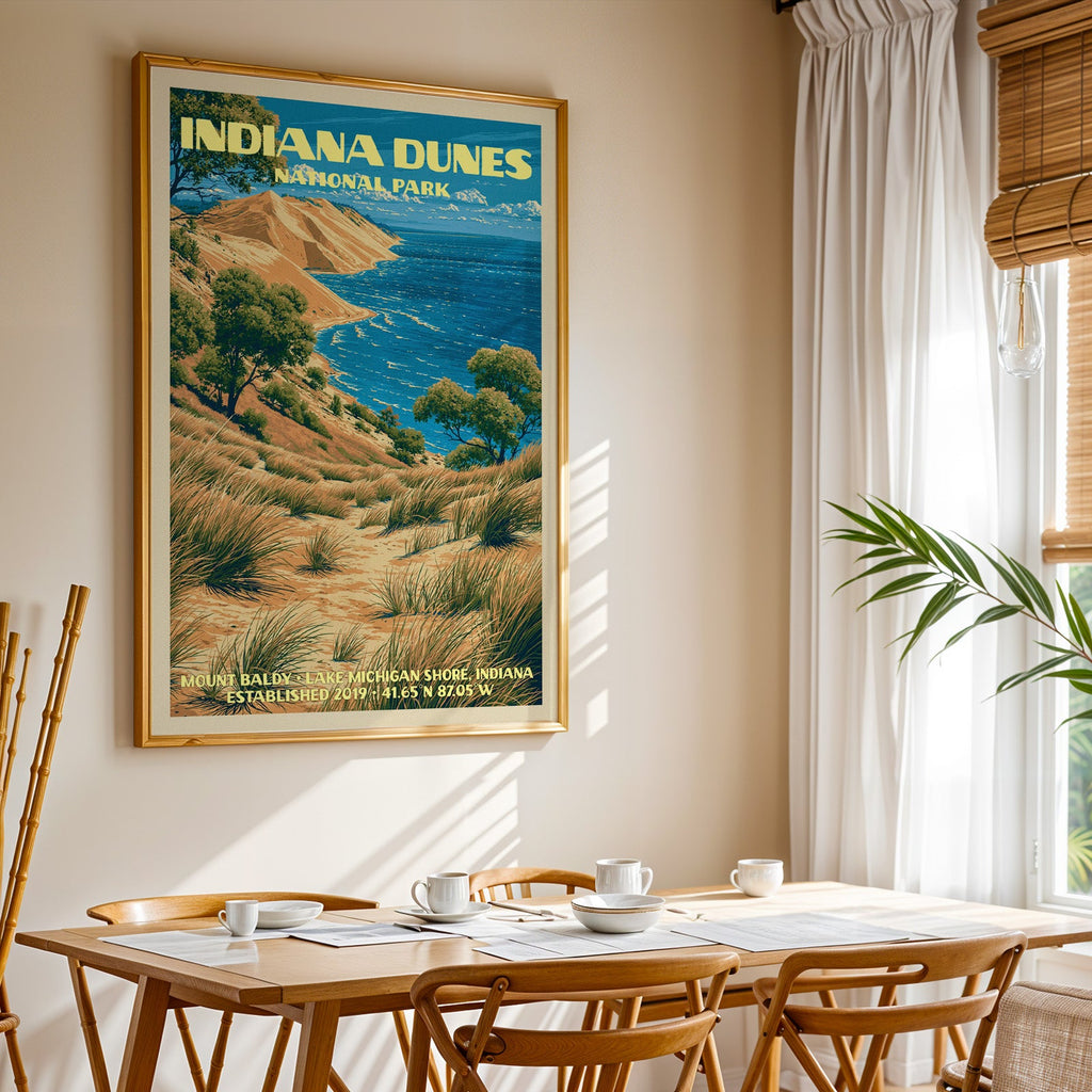 Indiana Dunes National Park print in a gold frame above a light oak dining table by a curtained window