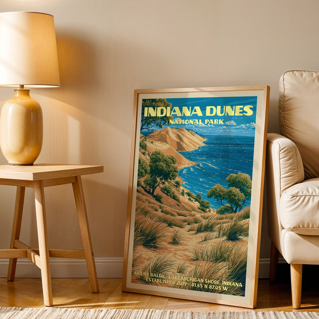 Lake Michigan shore wall art in oak, leaning by a cream armchair and a side table with an ochre lamp