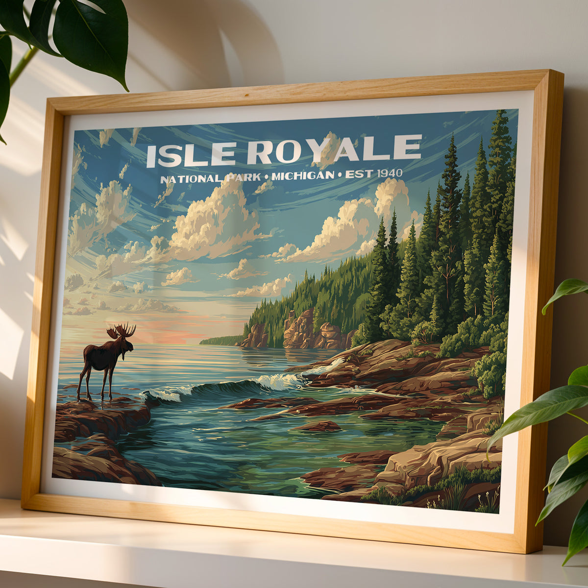 Isle Royale National Park wall art print in a light oak frame, leaning on a white shelf in warm sunlight beside a monstera plant