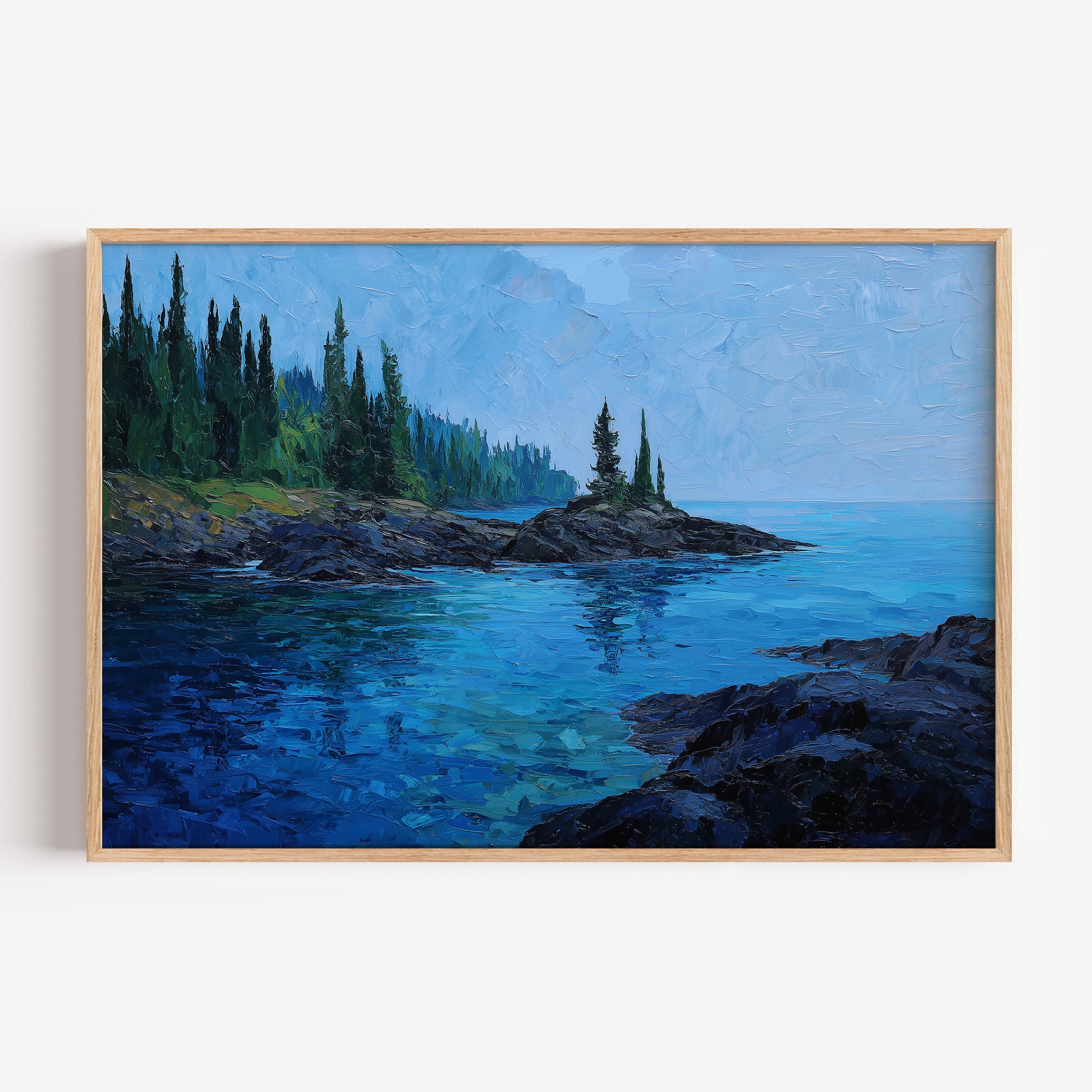 Isle Royale National Park oil painting print in an oak frame: a spruce shoreline on Lake Superior