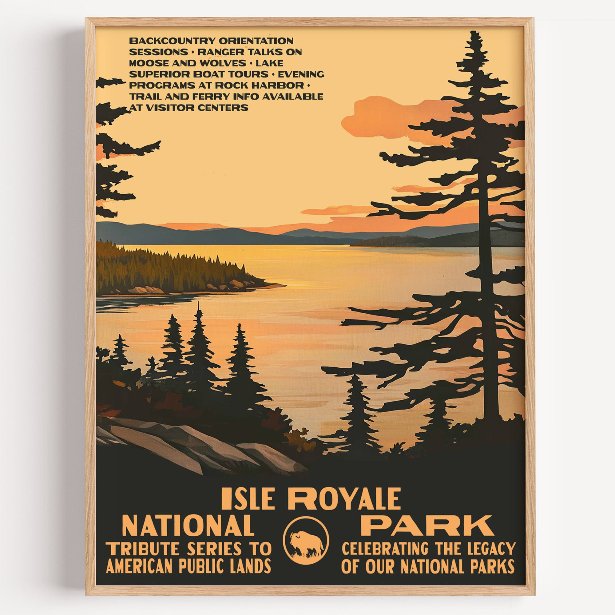 Isle Royale National Park wall art print in a thin wood frame, a lone pine on the Lake Superior shore at sunset
