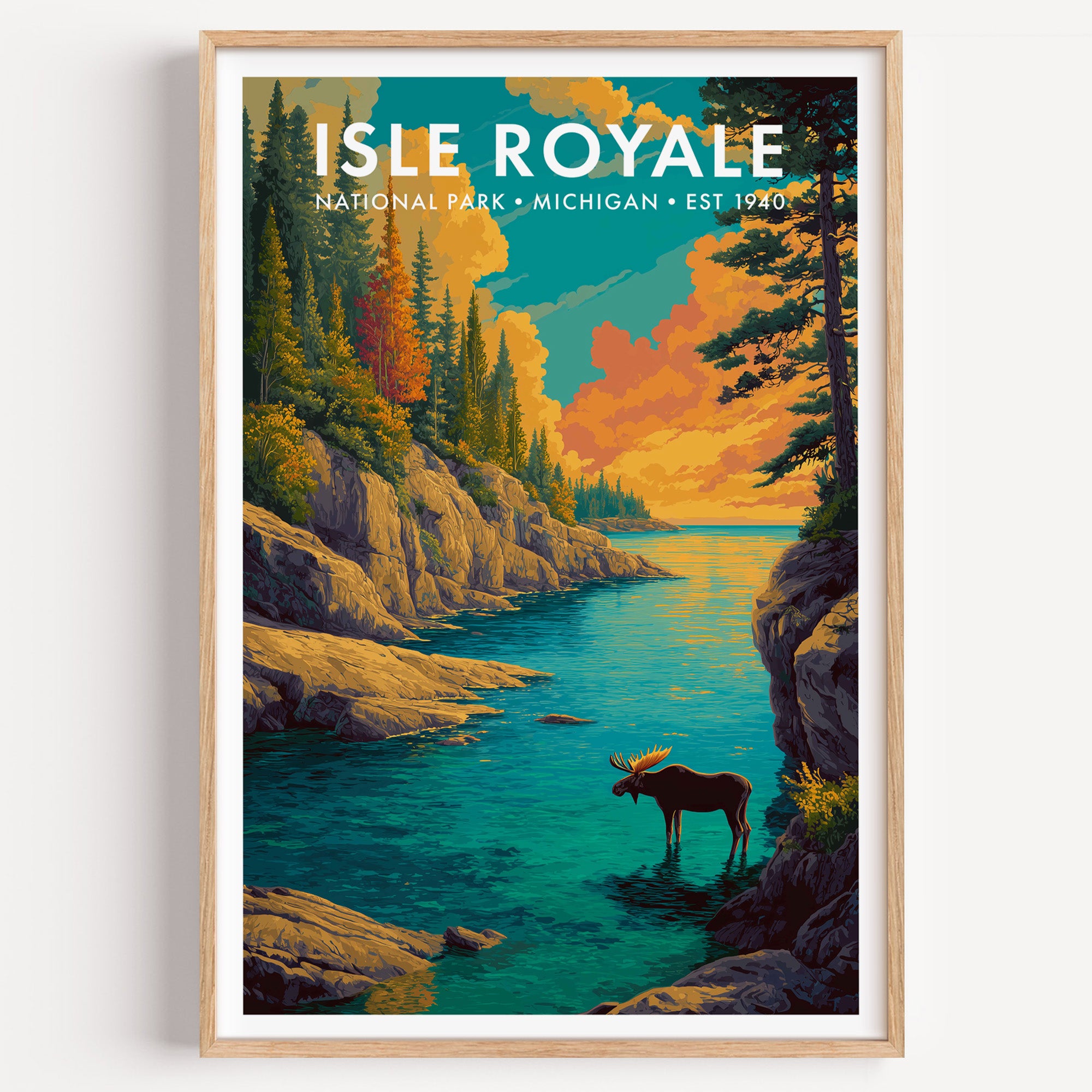 Isle Royale National Park mid-century modern art print — a rocky island shoreline in autumn with a bull moose wading at the edge
