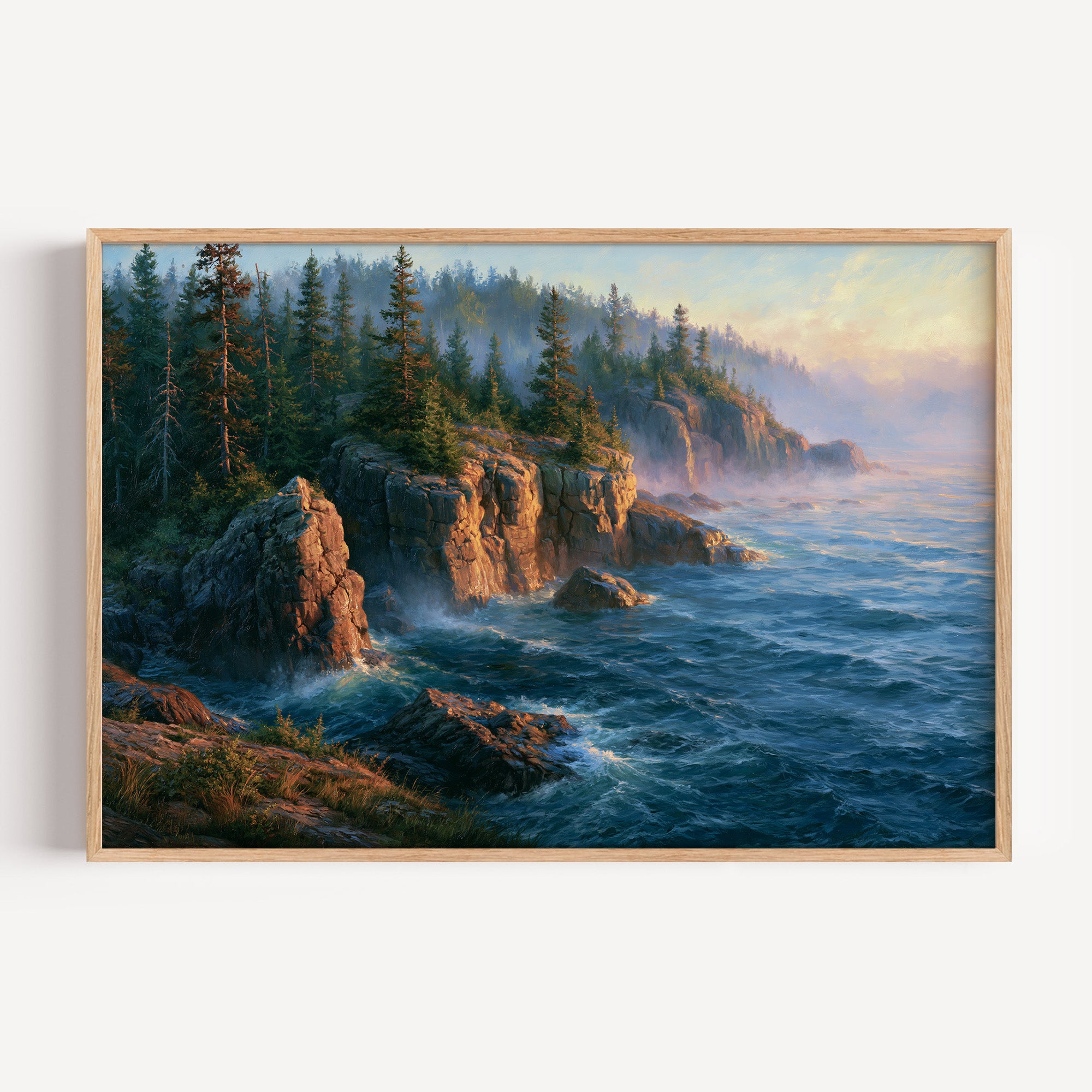 Isle Royale classical oil painting print in an oak frame: a spruce shoreline on Lake Superior