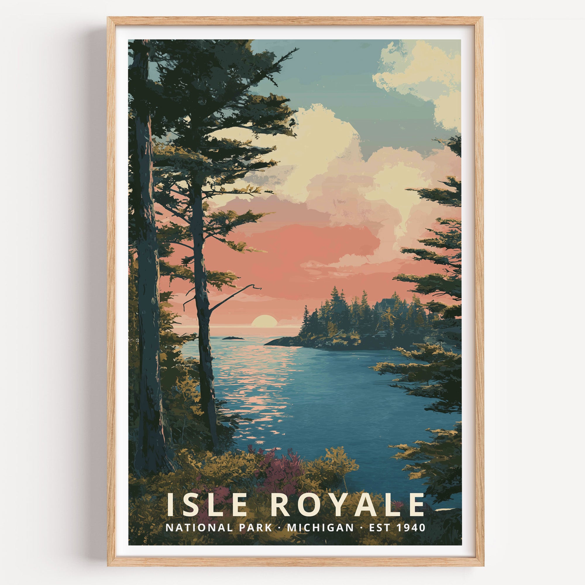 Isle Royale National Park retro travel poster — pines silhouetted against a pink sunset over a quiet Lake Superior channel, Michigan