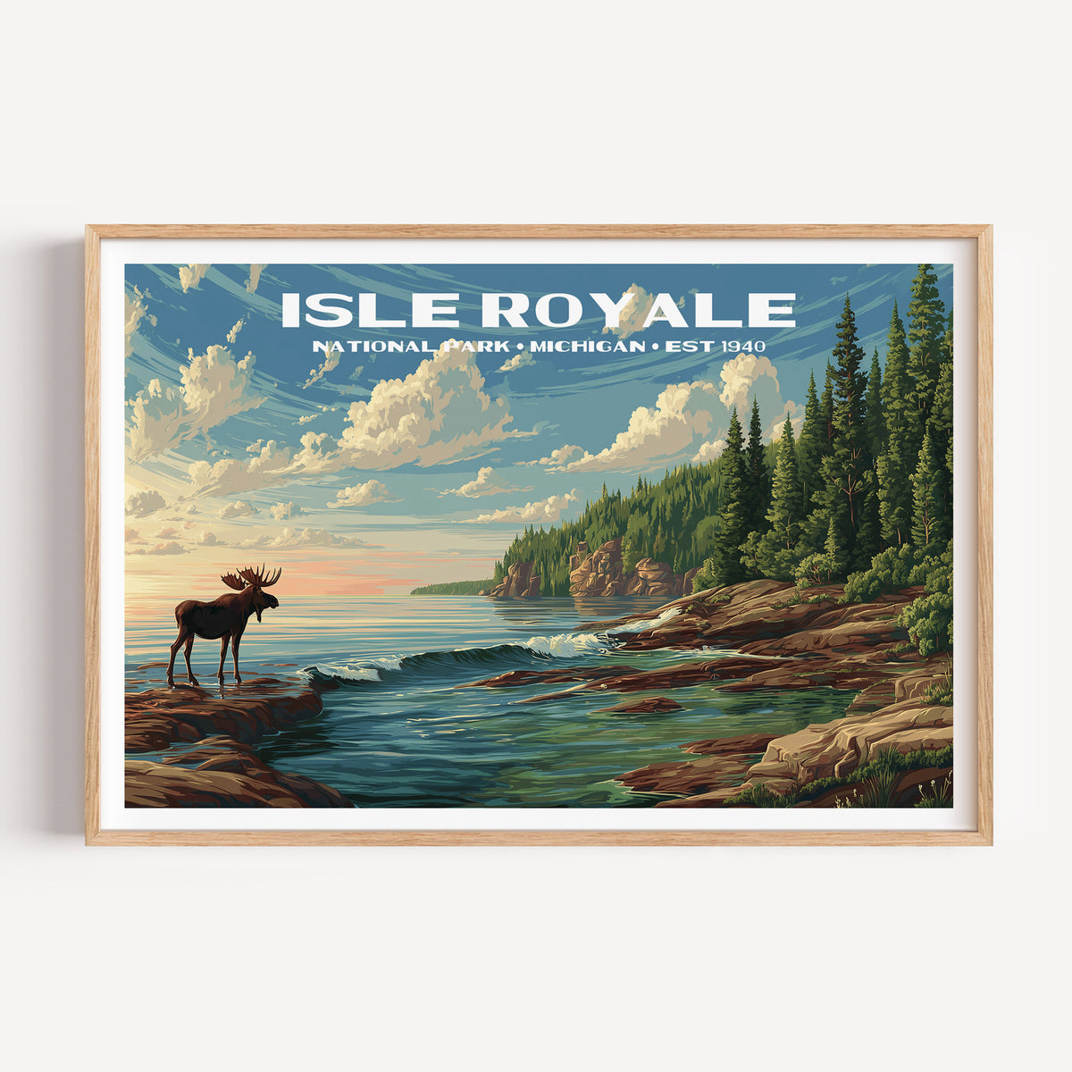 A moose standing on the rocky Lake Superior shoreline at dawn below spruce cliffs — Isle Royale National Park vintage WPA travel poster print