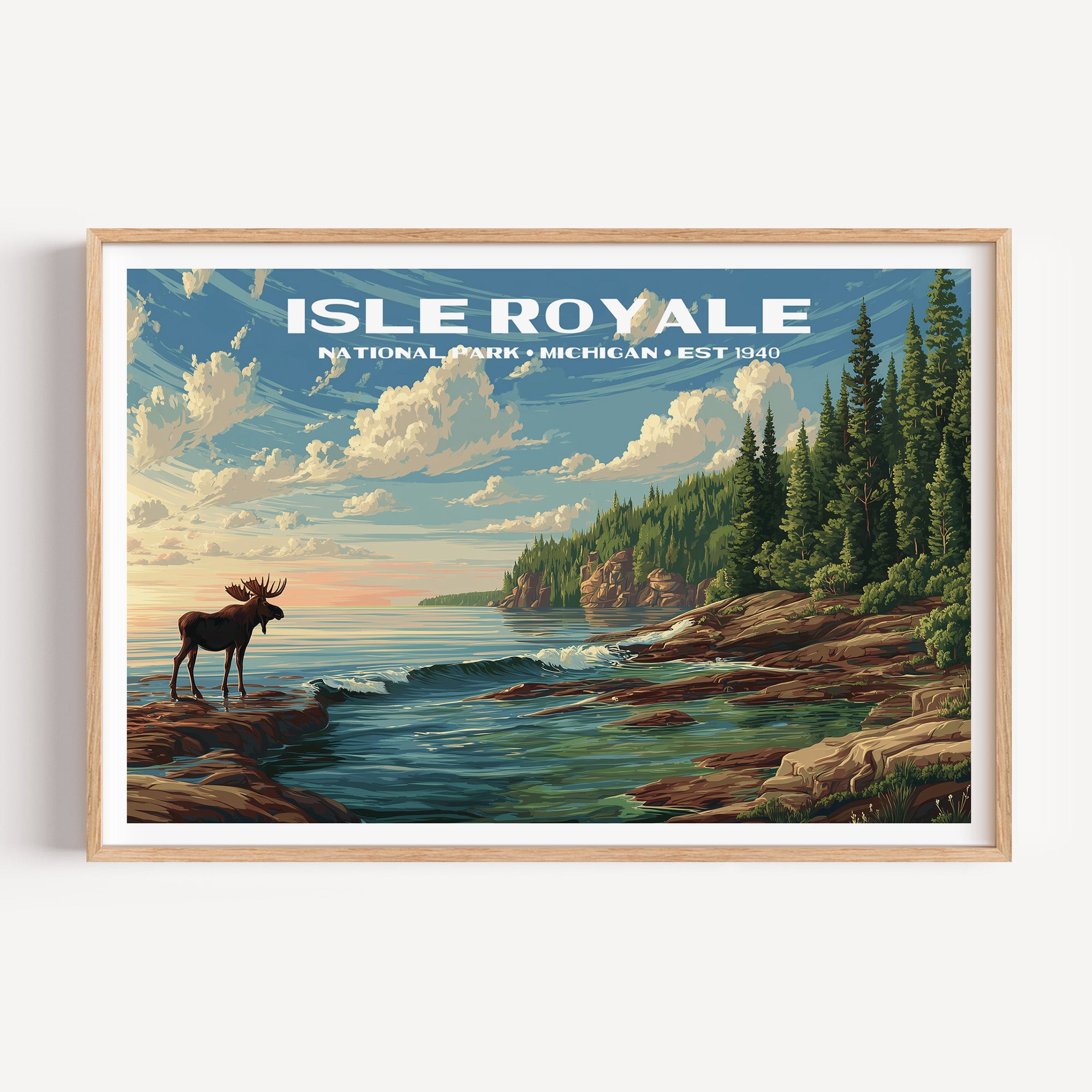A moose standing on the rocky Lake Superior shoreline at dawn below spruce cliffs — Isle Royale National Park vintage WPA travel poster print