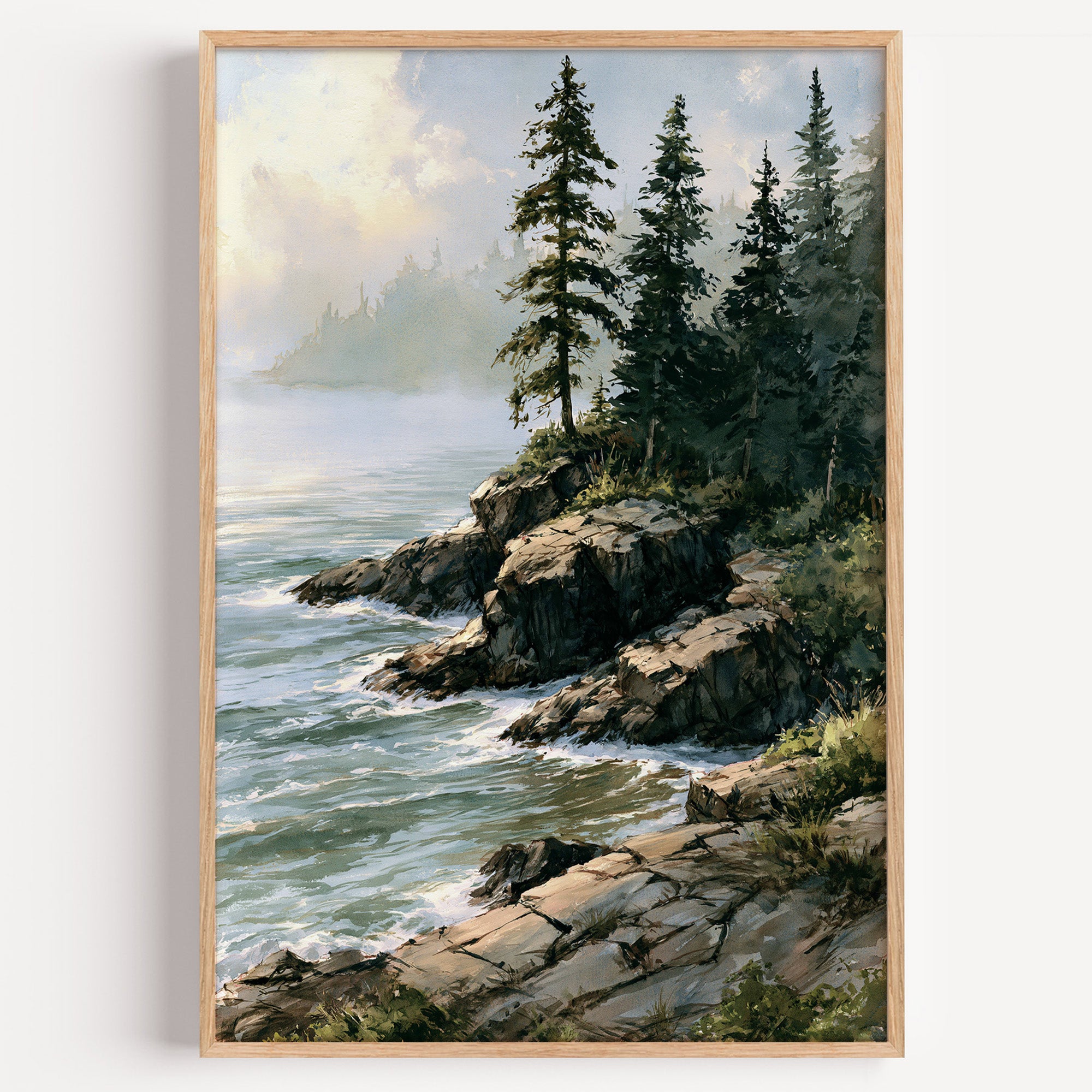 Isle Royale National Park watercolor art print: spruce-lined bedrock shoreline in Lake Superior fog