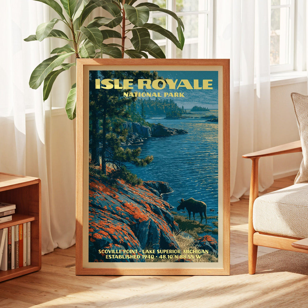 Isle Royale vintage poster in oak, leaning by a sunlit window with sheer curtains and a low bookshelf