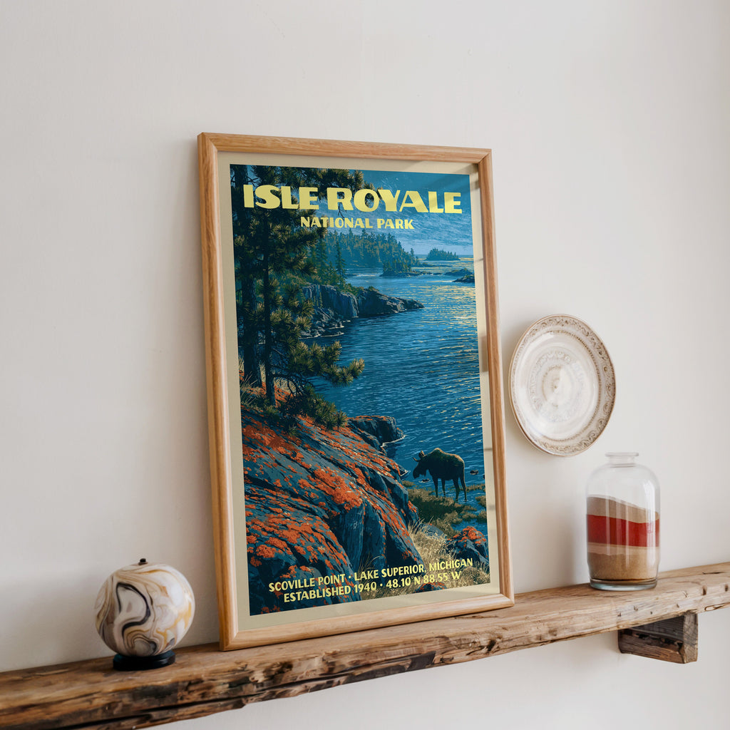 Isle Royale Scoville Point print in oak, leaning on a reclaimed wood ledge with a marbled sphere and sand jar