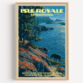 Scoville Point Isle Royale National Park vintage poster in a light oak frame on a plain white wall