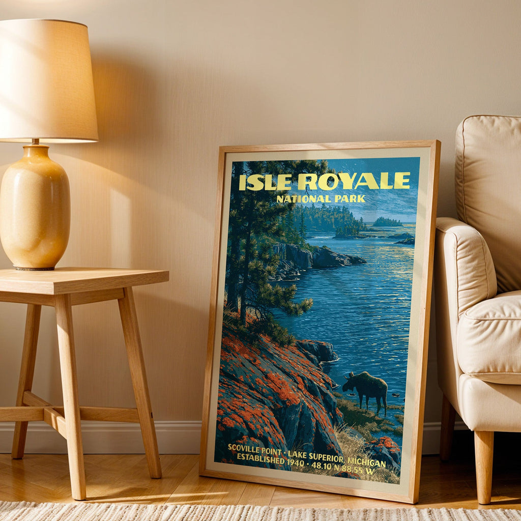 Scoville Point Isle Royale wall art in oak, leaning by an armchair and a side table with an ochre lamp