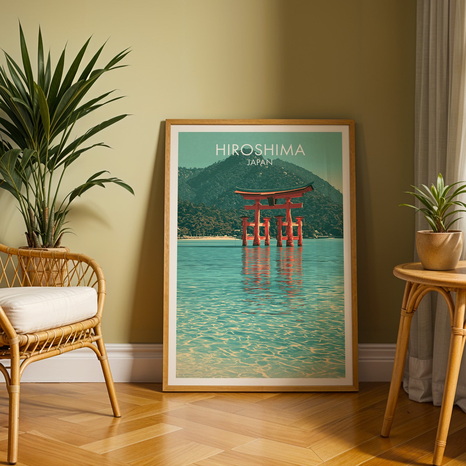 Large Itsukushima Shrine Miyajima Japan travel print in an oak frame leaning on a herringbone floor next to a rattan chair