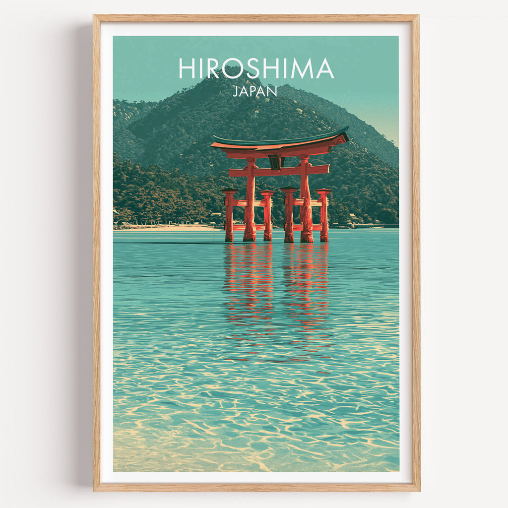 Itsukushima Shrine Miyajima Japan travel poster in a natural wood frame, shown against a clean white wall