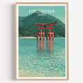 Itsukushima Shrine Miyajima Japan travel poster in a natural wood frame, shown against a clean white wall