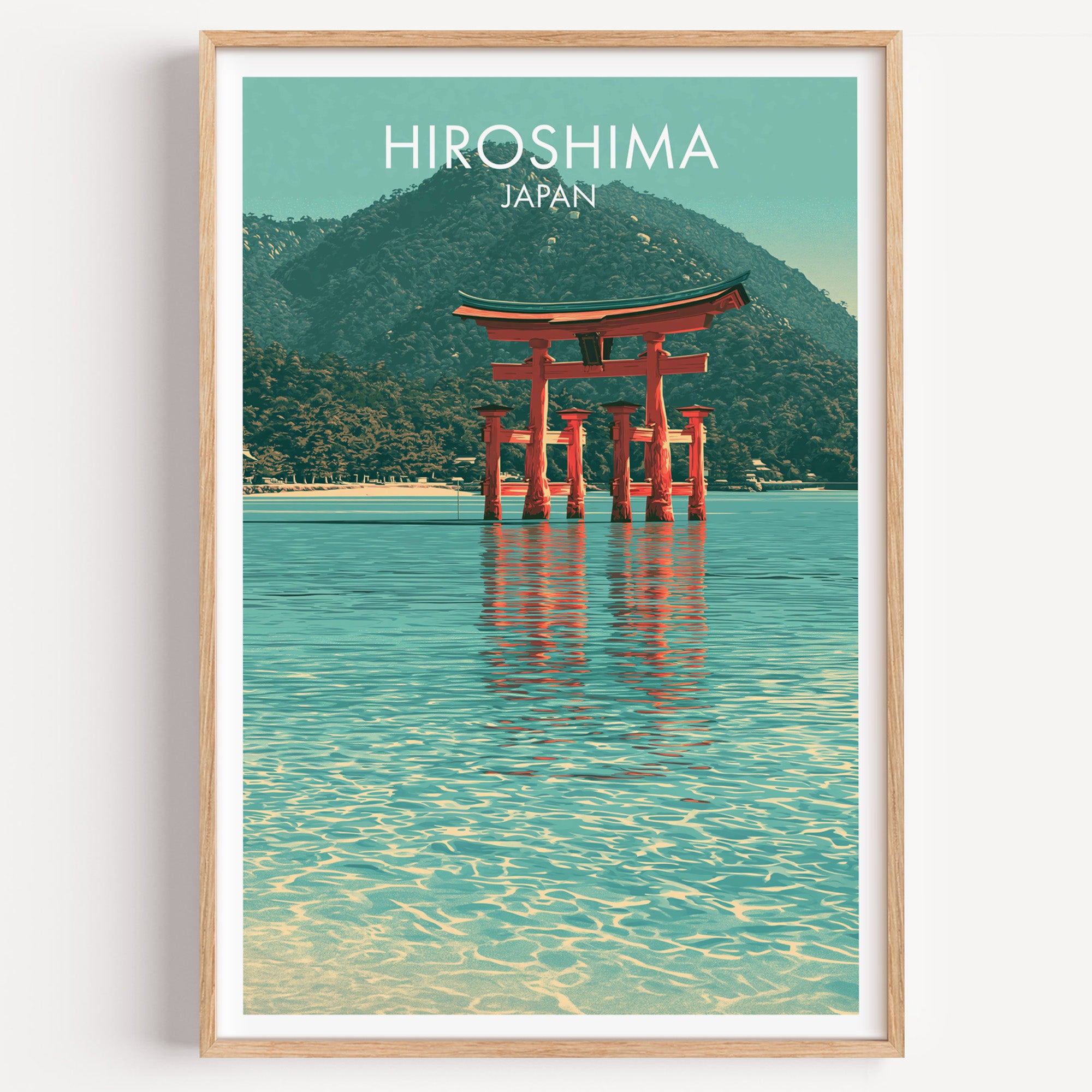 Itsukushima Shrine Miyajima Japan travel poster in a natural wood frame, shown against a clean white wall