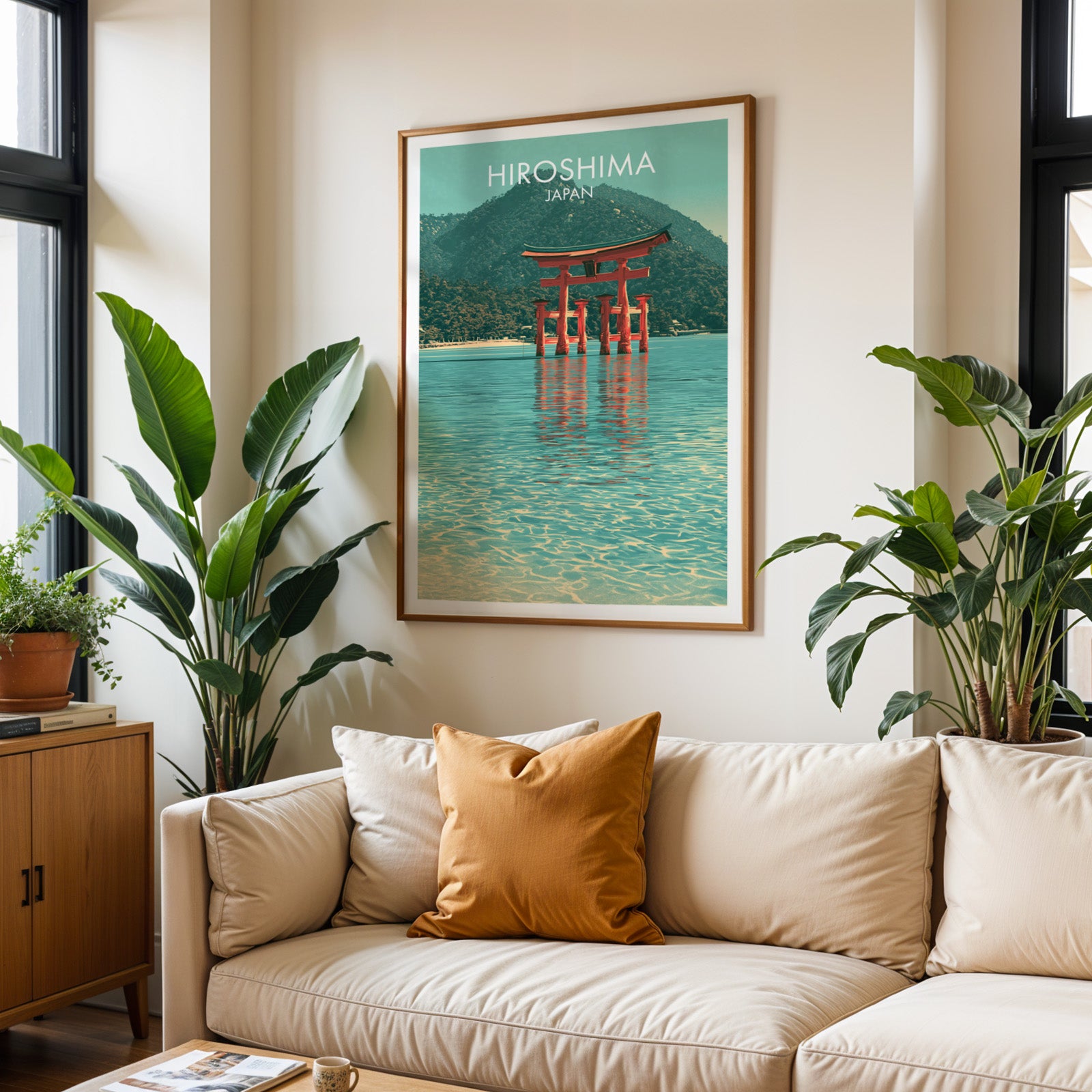 Framed Itsukushima Shrine Miyajima Japan wall art hanging above a cream sofa in a bright living room with tropical plants