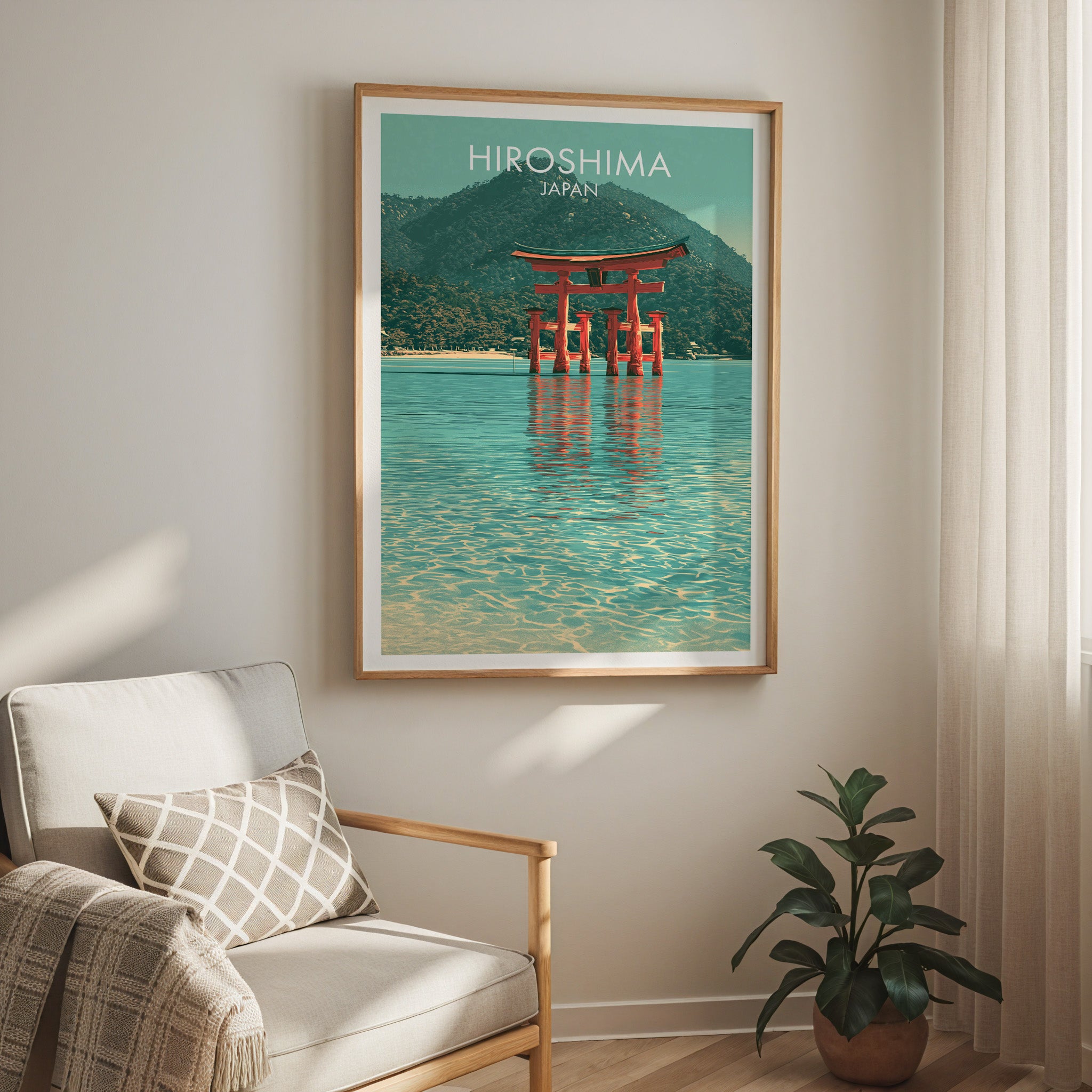 Itsukushima Shrine Miyajima Japan travel print in a light oak frame on a living room wall beside a linen armchair