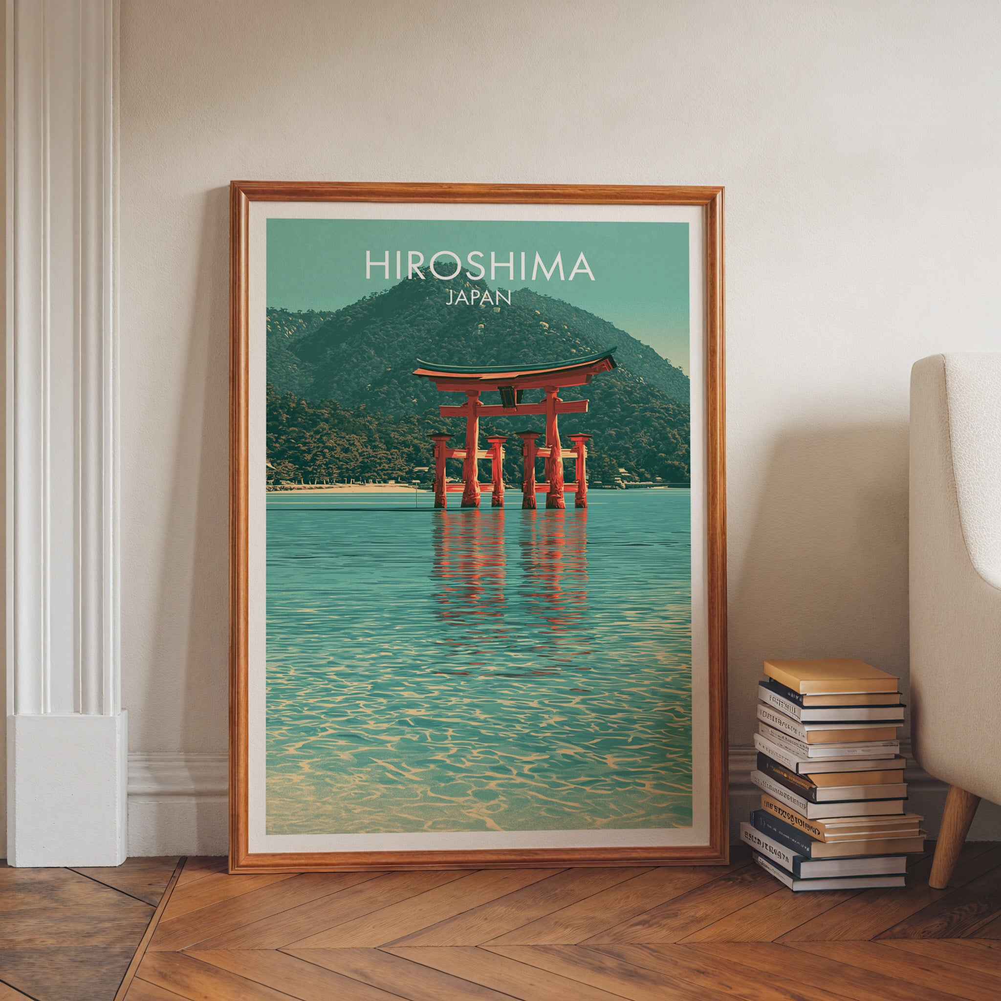 Itsukushima Shrine Miyajima Japan art print in a walnut frame leaning in a hallway beside stacked books