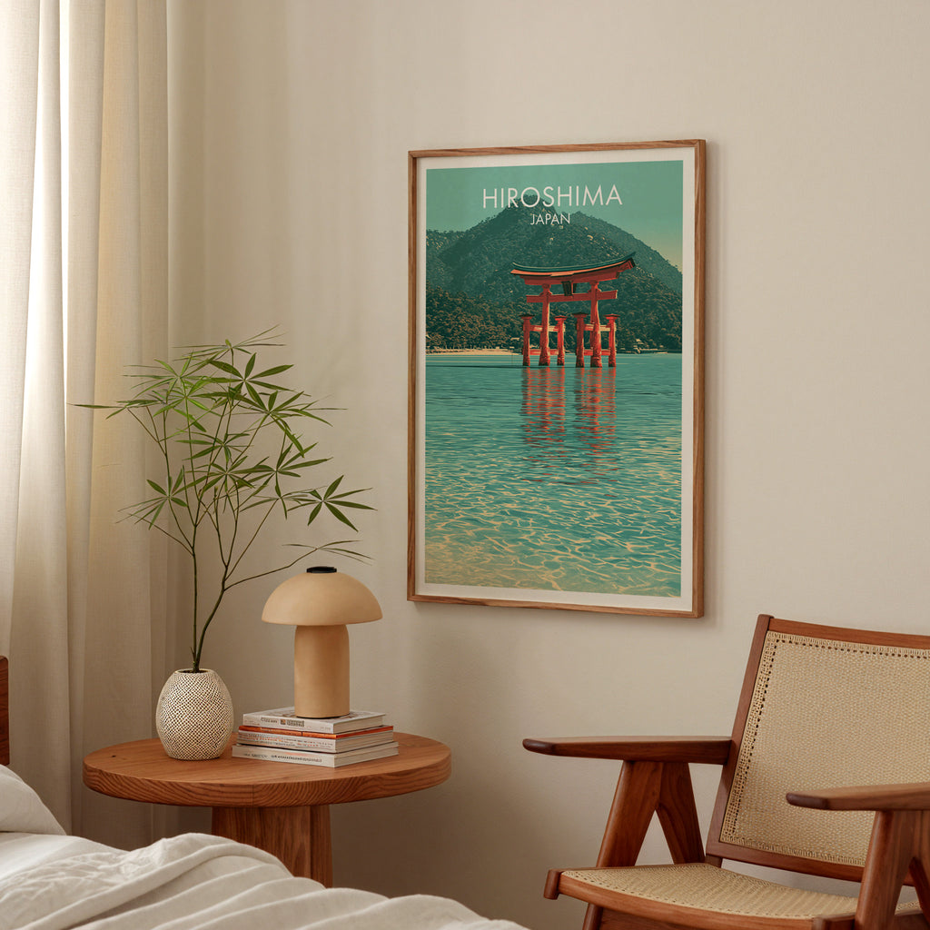 Itsukushima Shrine Miyajima Japan poster above a bedroom nightstand with a bamboo plant and mushroom lamp