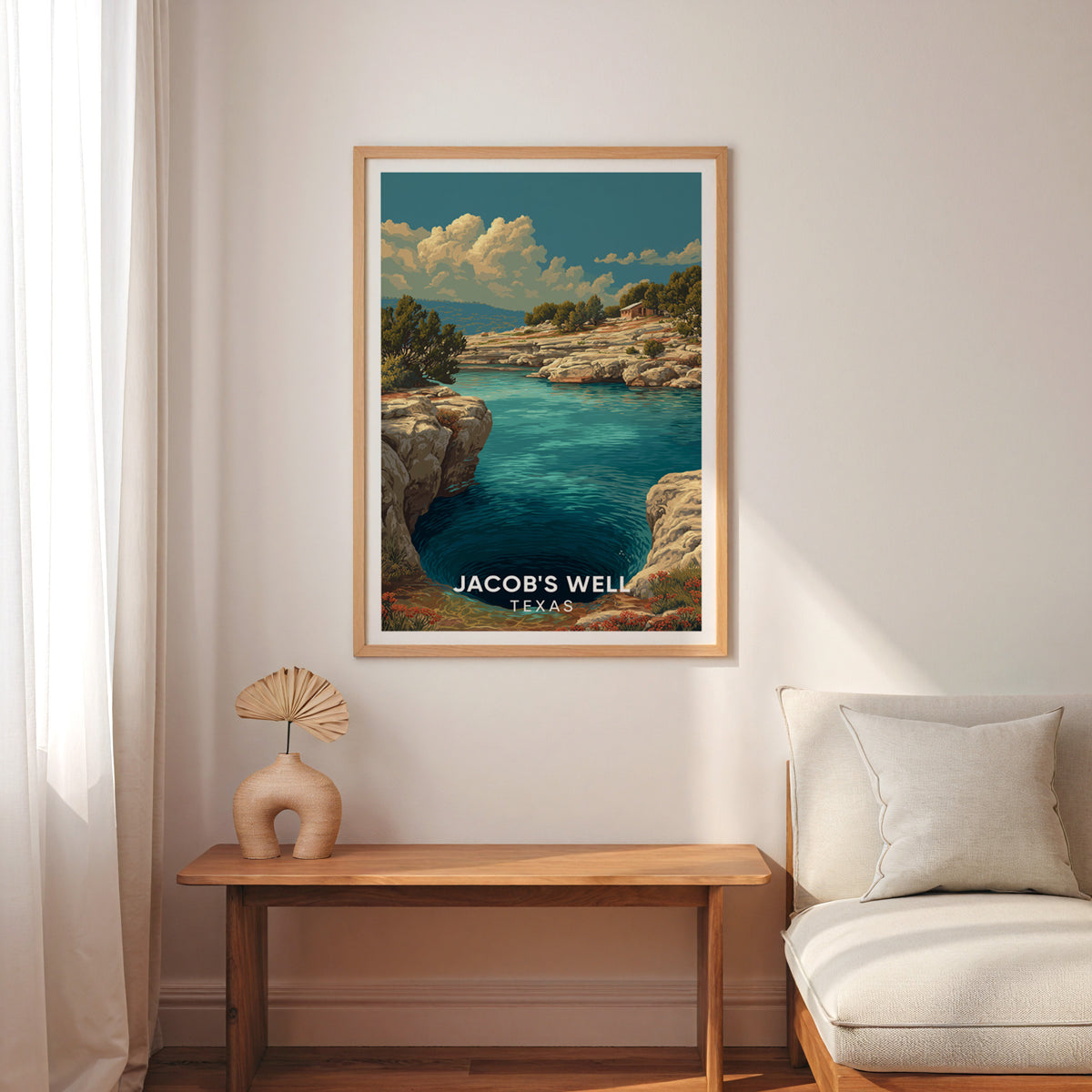 Hill Country spring wall art in oak above a slim bench with a cream armchair and sheer curtain