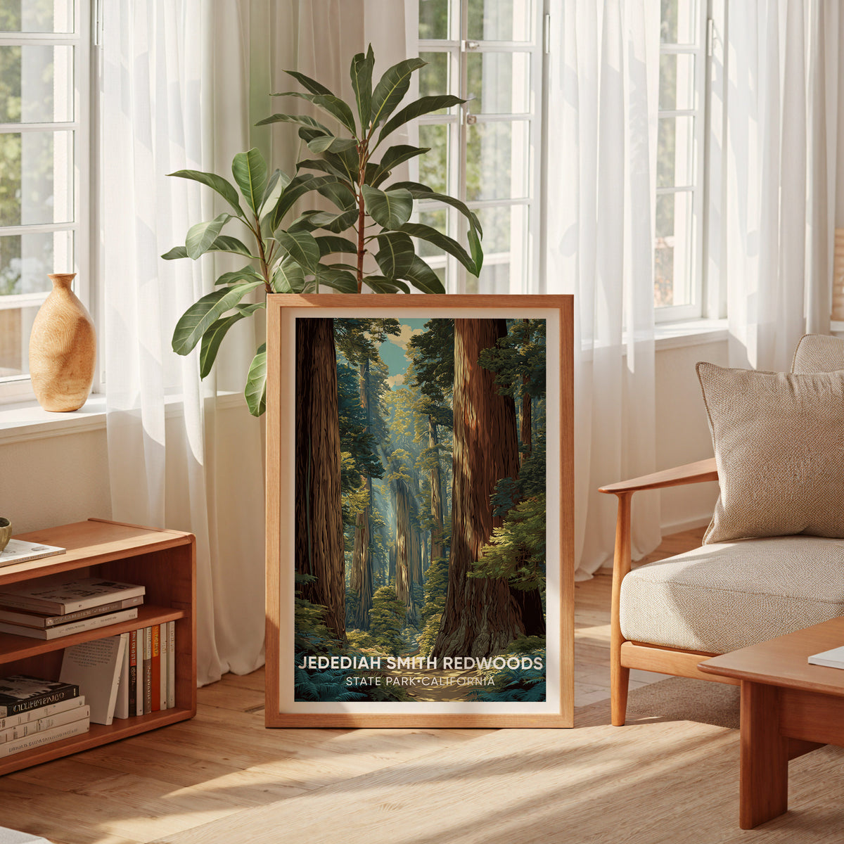 Jedediah Smith Redwoods canvas print leaning by a curtained window, low bookshelf left and cream armchair right.