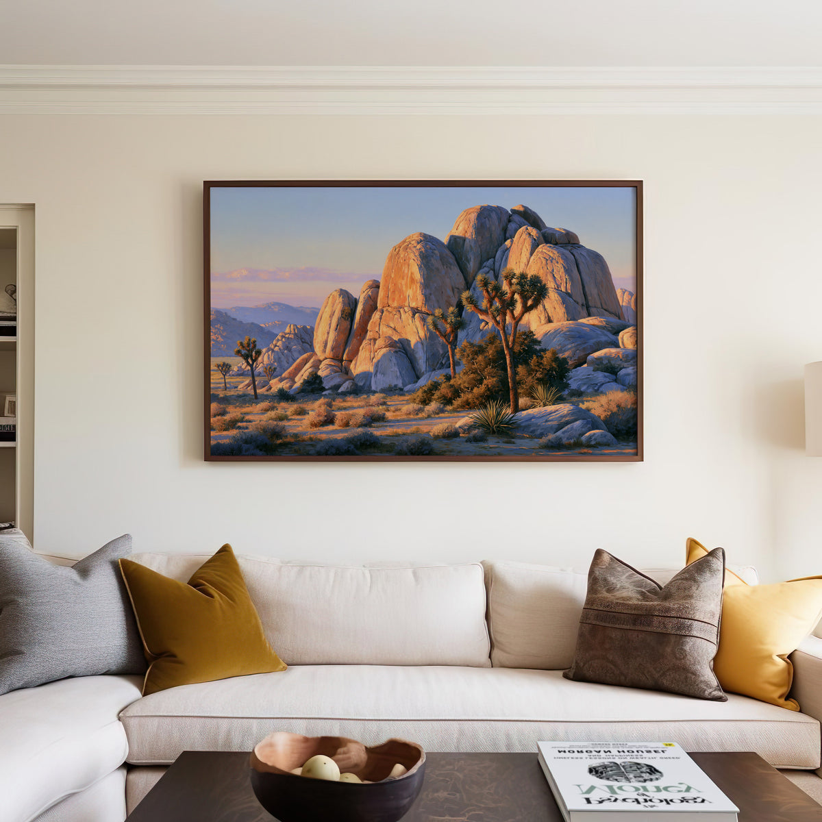 Joshua Tree classical oil painting canvas in a walnut frame above a cream sofa