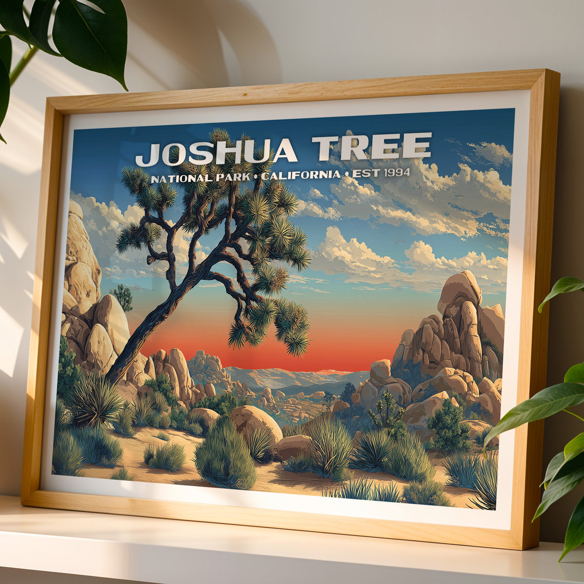 Joshua Tree National Park wall art print in a light oak frame, leaning on a white shelf in warm sunlight beside a monstera plant