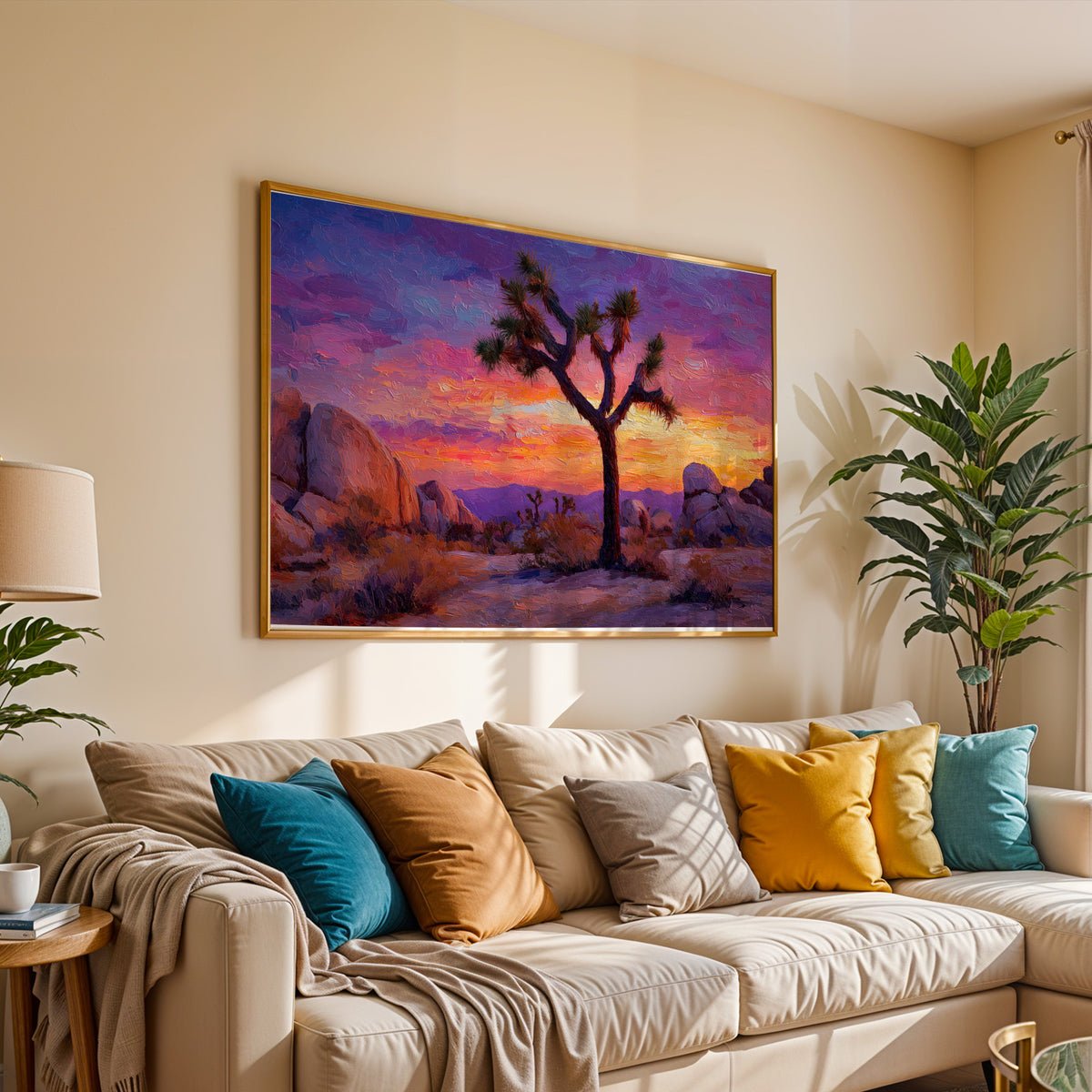 Joshua Tree oil painting wall art above a light wood desk in a home office