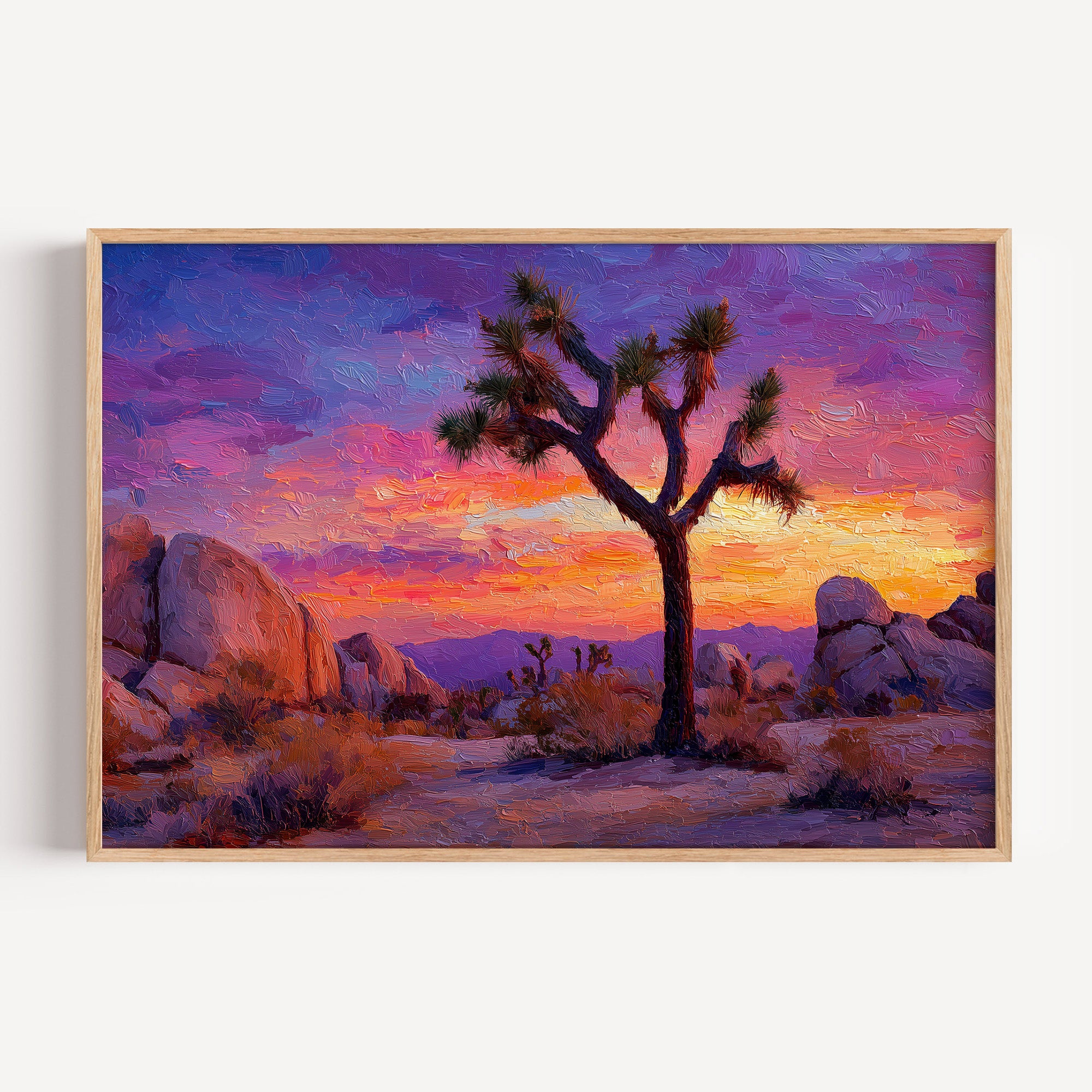 Joshua Tree National Park oil painting print in an oak frame: a Joshua tree against a violet sunset