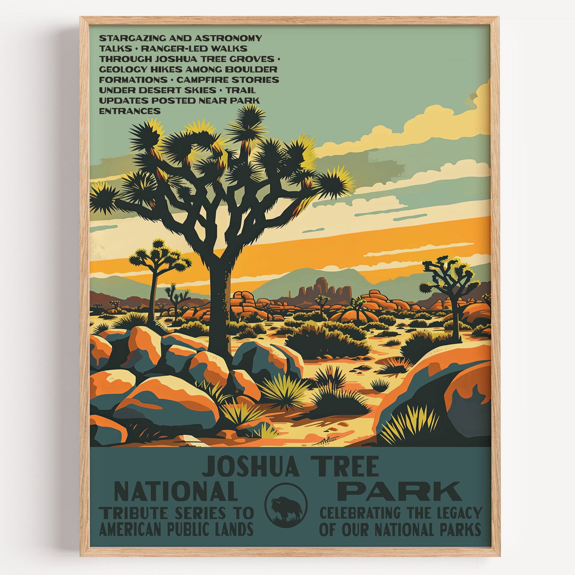 Joshua Tree National Park wall art print in a thin wood frame, Joshua trees and granite boulders under a dusk desert sky