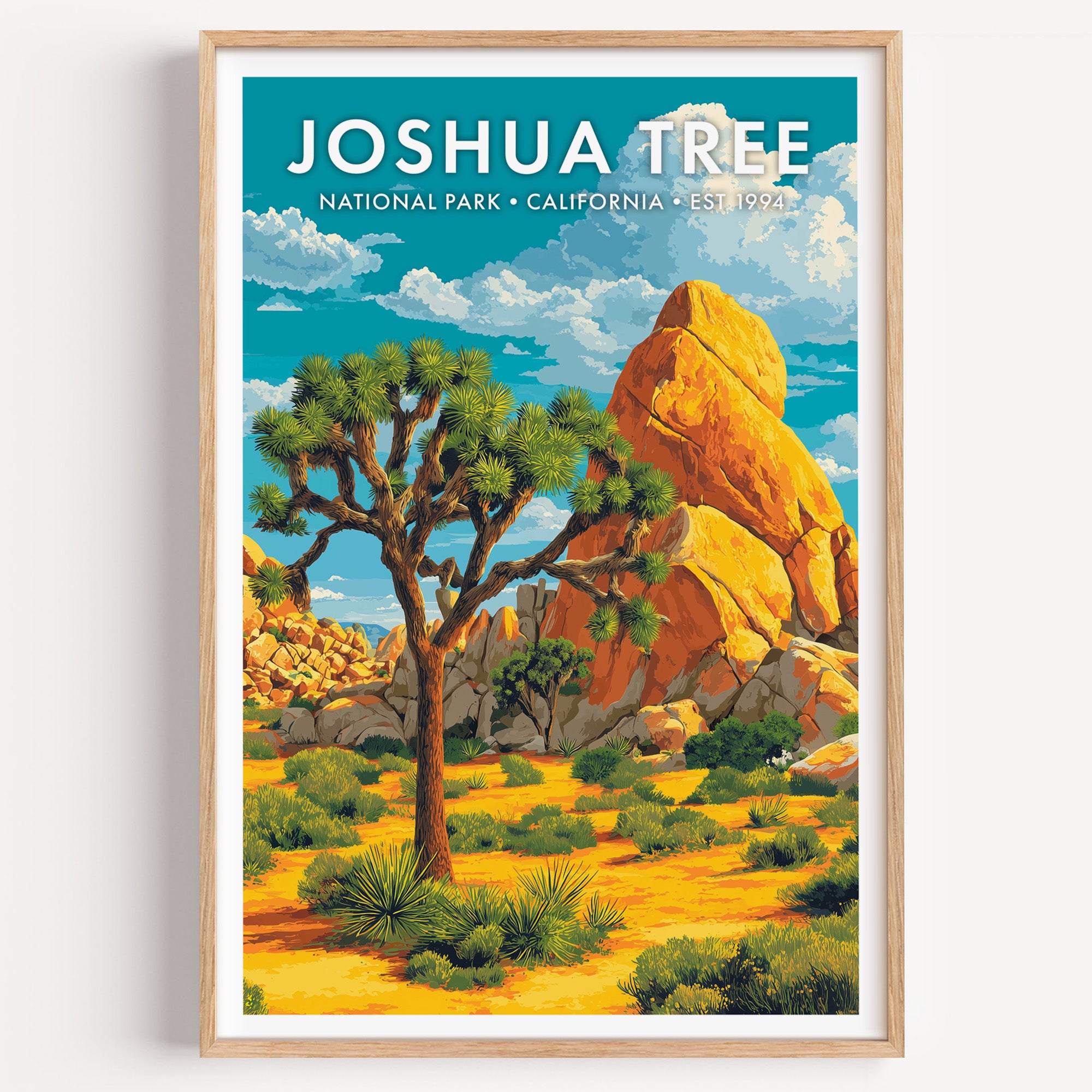 Joshua Tree National Park mid-century modern art print — a Joshua tree in silhouette against a pile of golden granite boulders