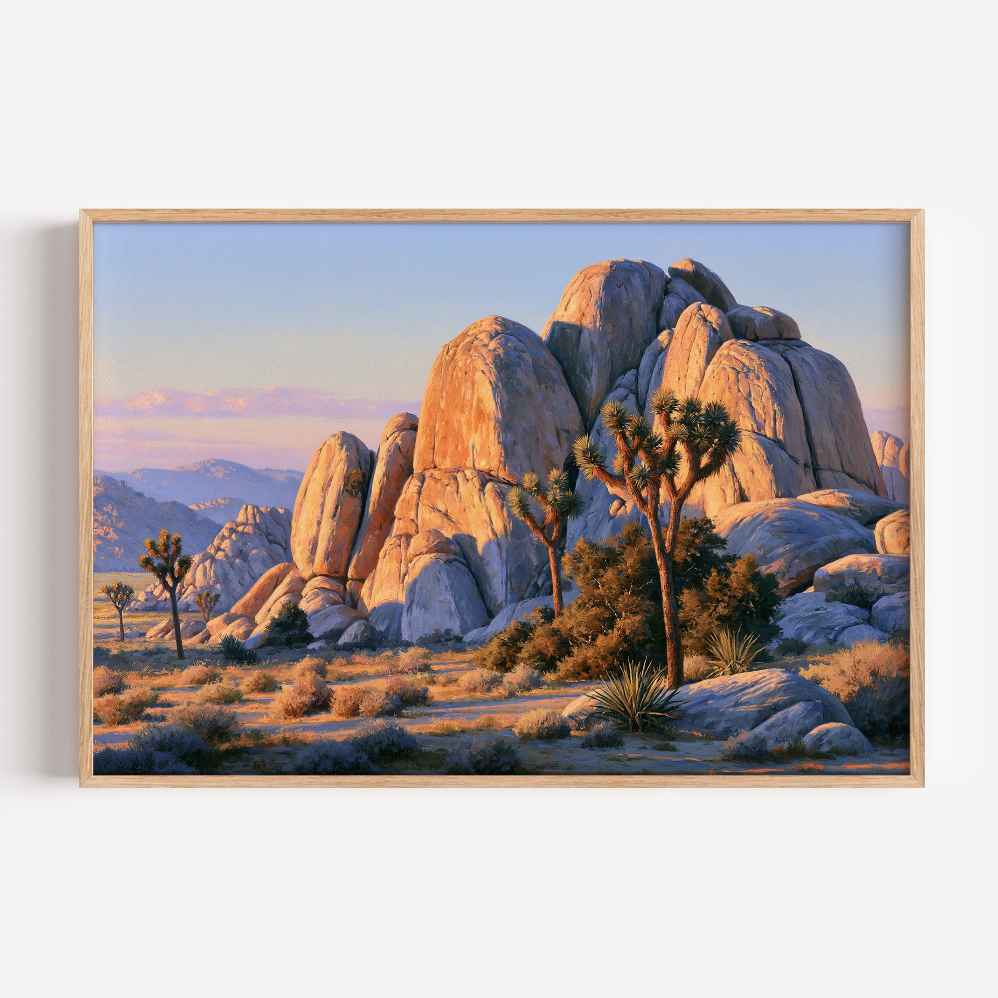 Joshua Tree National Park classical oil painting print in an oak frame: Joshua trees and boulders