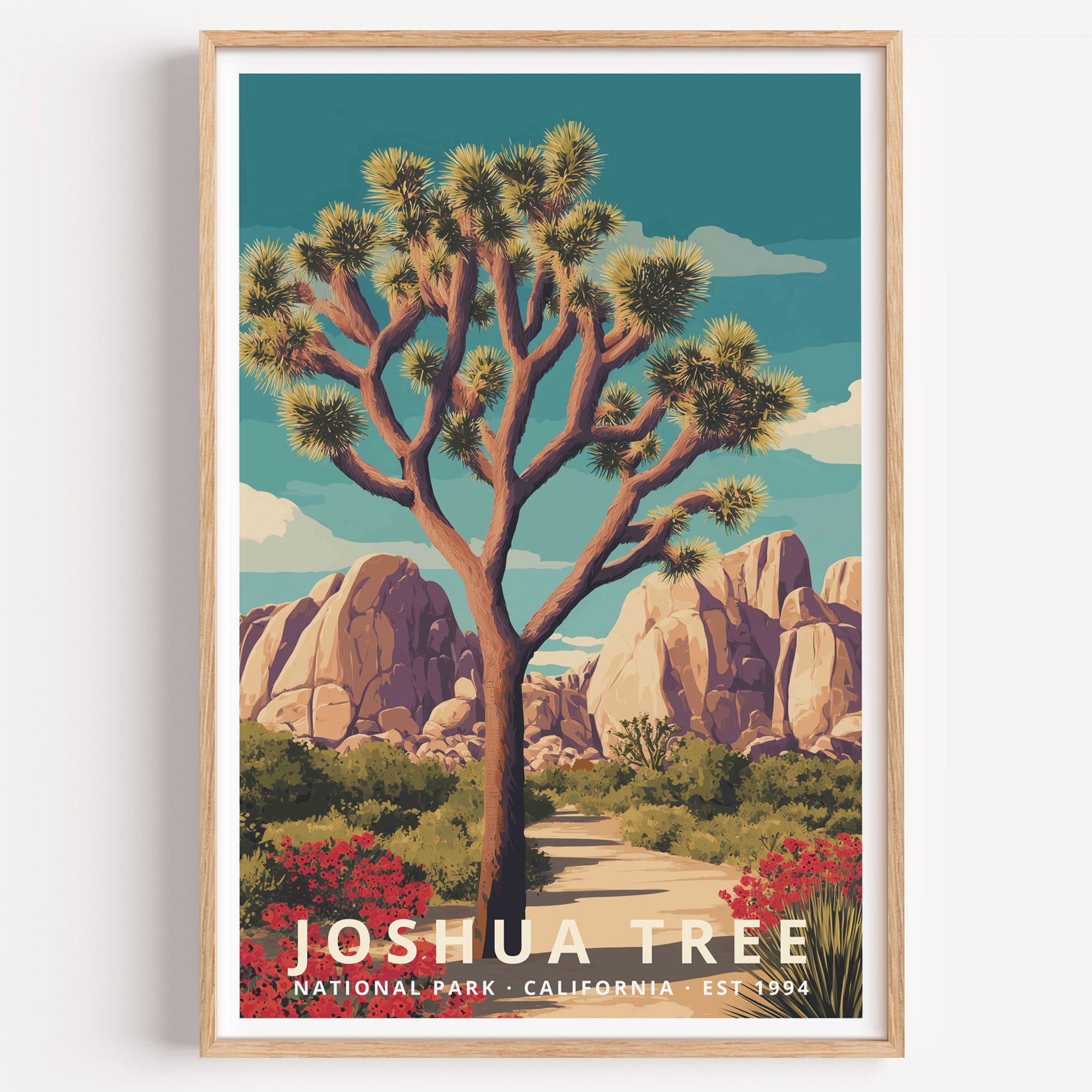 Joshua Tree National Park retro travel poster — a Joshua tree beside pale granite boulders under a deep teal desert sky, California