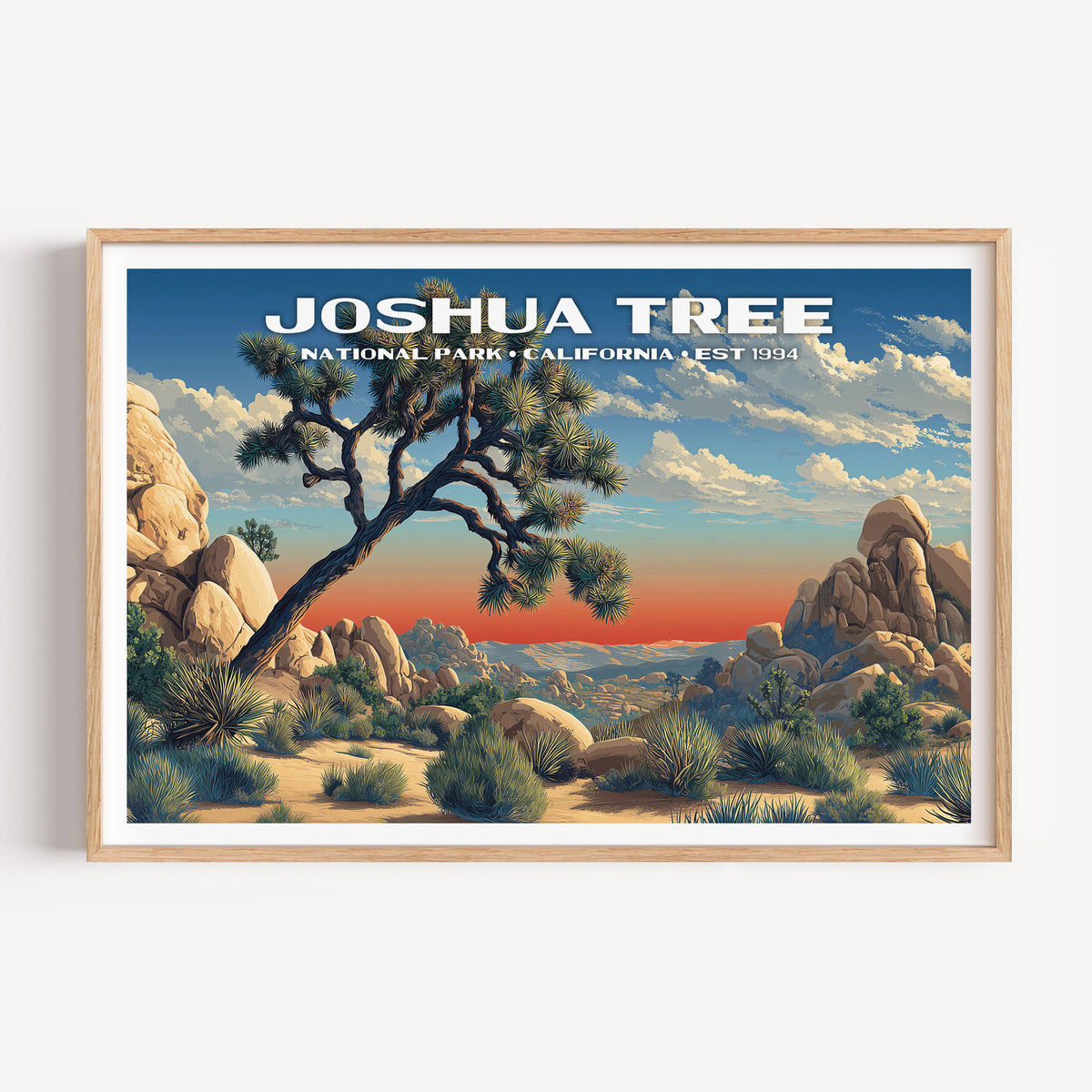 A leaning Joshua tree against an orange sunset above piled granite boulders — Joshua Tree National Park vintage WPA travel poster print