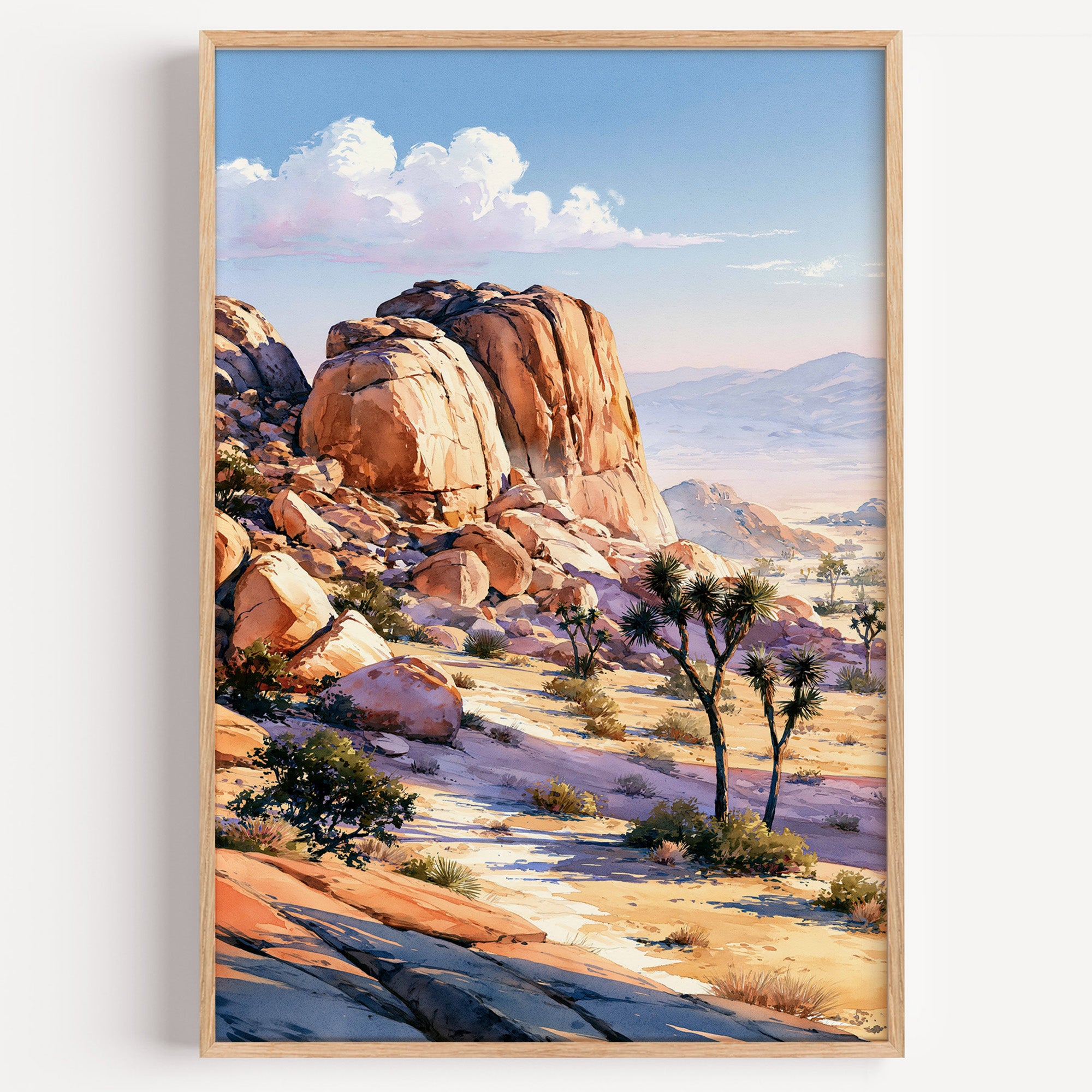 Joshua Tree National Park watercolor art print: sunlit granite boulders and Joshua trees in the high desert