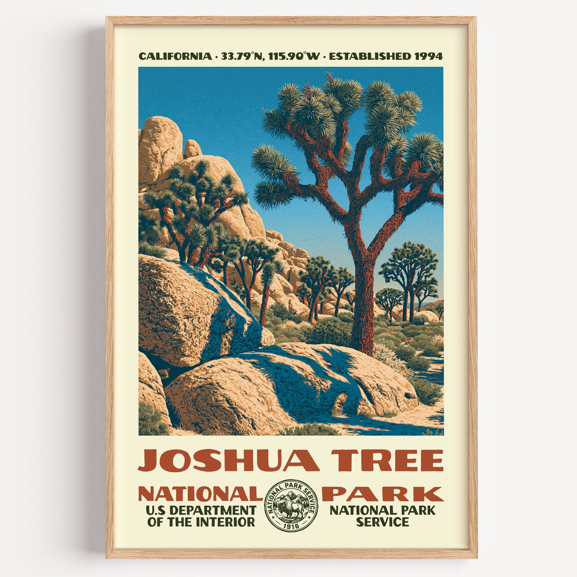 Joshua Tree National Park vintage WPA poster in a wood frame, Joshua trees and monzogranite boulders under a wide desert sky