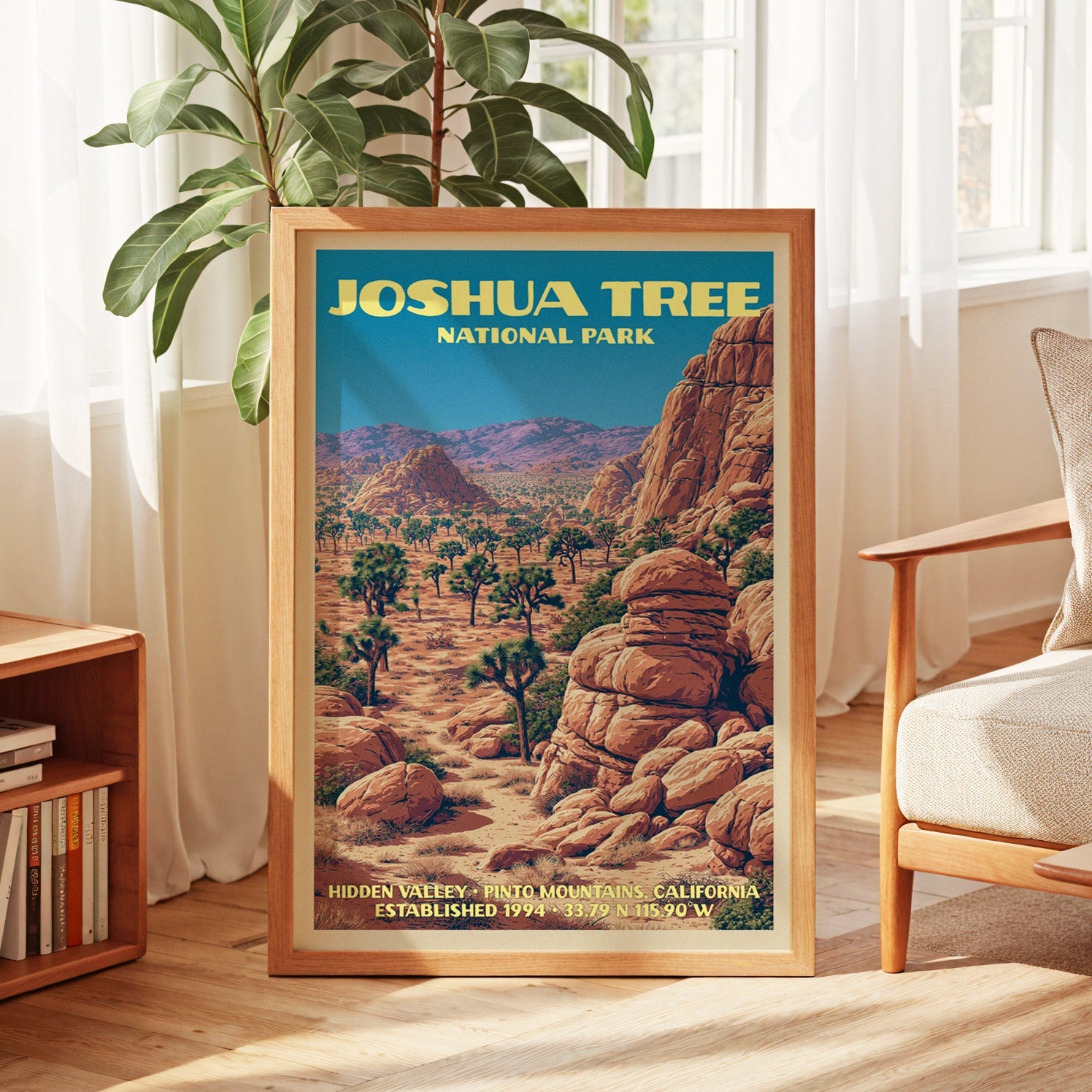 Joshua Tree vintage poster in oak, leaning by a sunlit window with sheer curtains and a low bookshelf