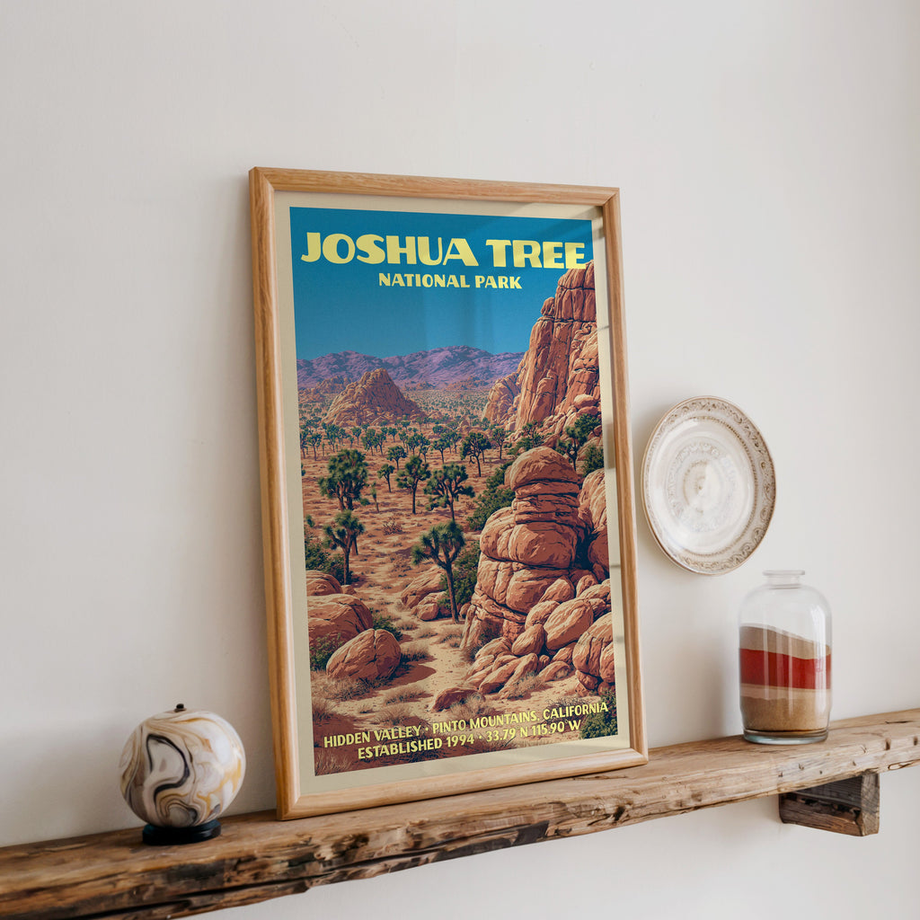 Joshua Tree Hidden Valley print in oak, leaning on a reclaimed wood ledge with a marbled sphere and sand jar
