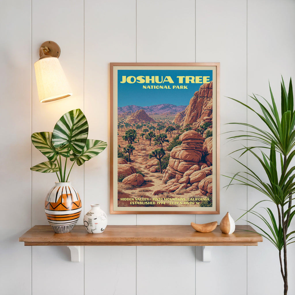 Hidden Valley Joshua Tree print framed on white panelling above an oak shelf with a patterned vase and sconce