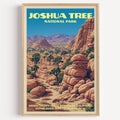 Hidden Valley Joshua Tree National Park vintage poster in a light oak frame on a plain white wall