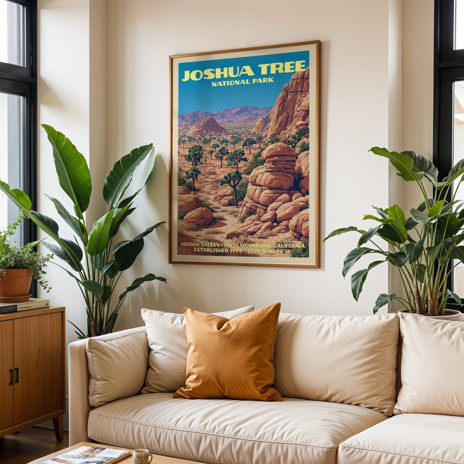 Joshua Tree vintage travel print in oak above a cream sofa with a rust cushion and tall houseplants