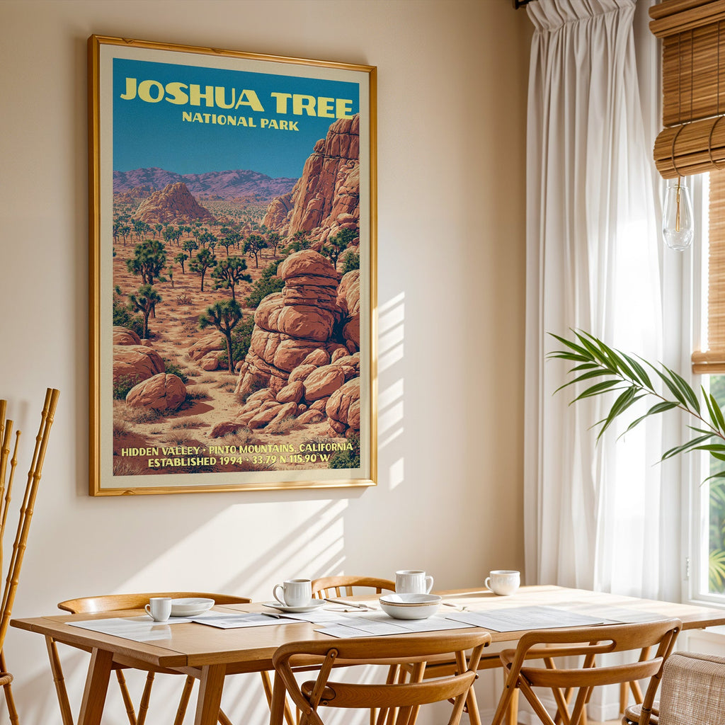 Joshua Tree National Park print in gold above a light oak dining table by a curtained window