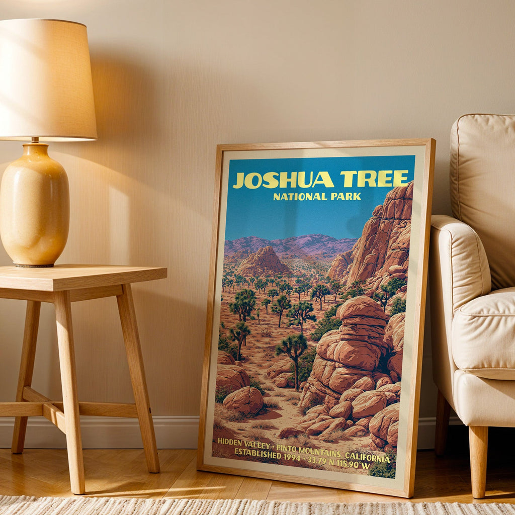 Hidden Valley Joshua Tree wall art in oak, leaning by an armchair and a side table with an ochre lamp