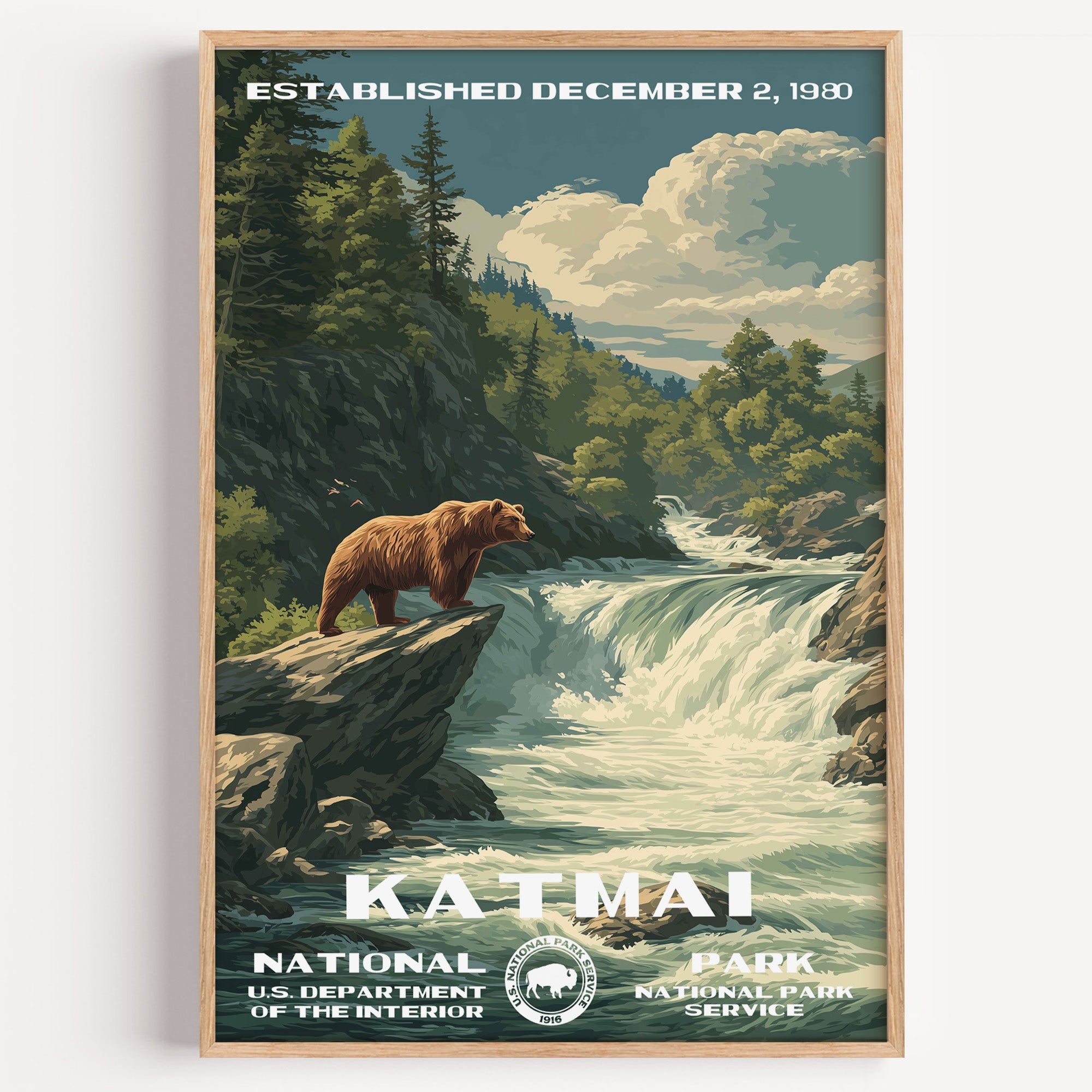 Katmai National Park vintage travel poster in a wood frame, a brown bear standing on a rock above the falls