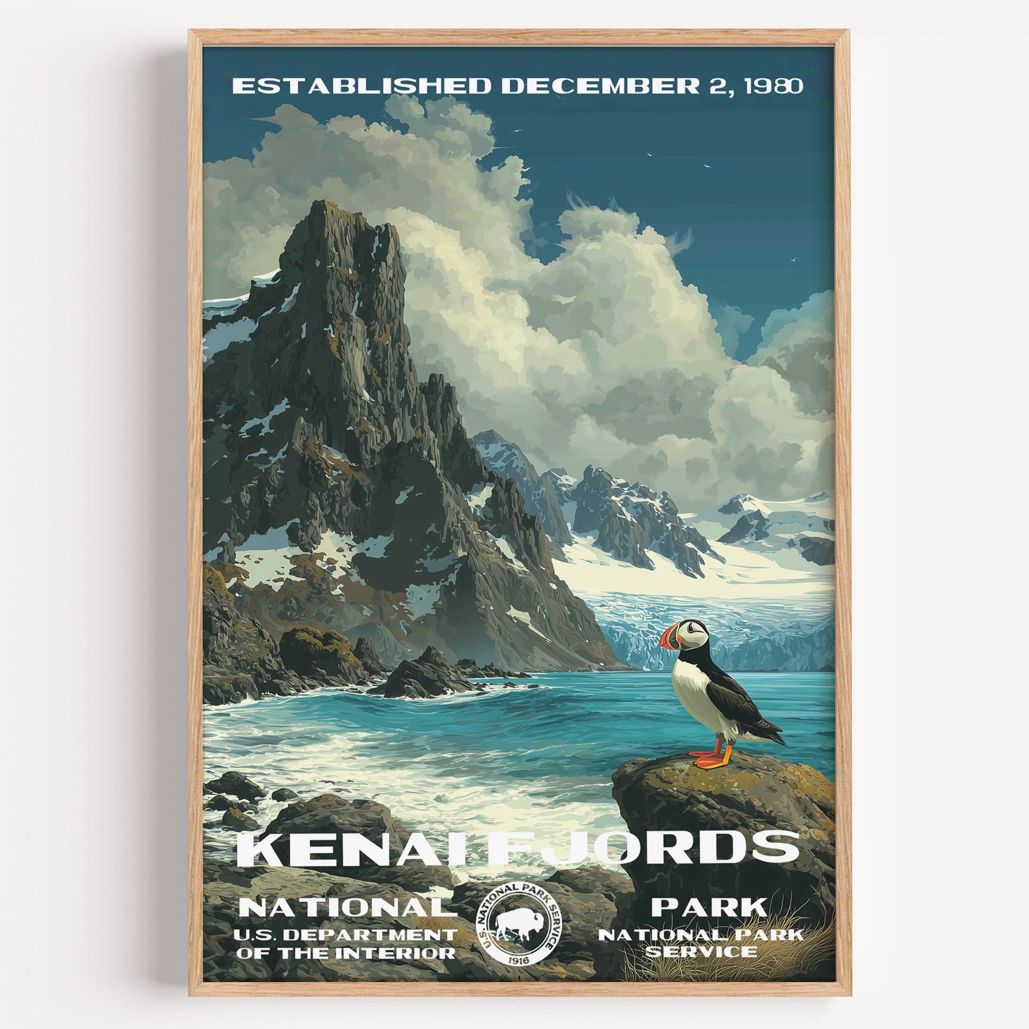 Kenai Fjords National Park vintage travel poster in a wood frame, a puffin on a rock with fjord cliffs and glacier ice behind