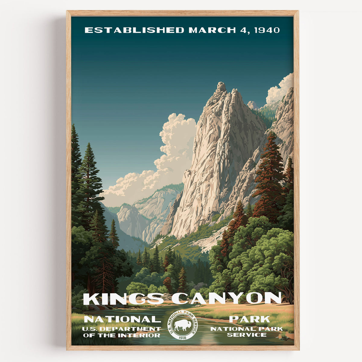 Kings Canyon National Park vintage travel poster in a wood frame, a soaring granite wall rising above dense pine forest