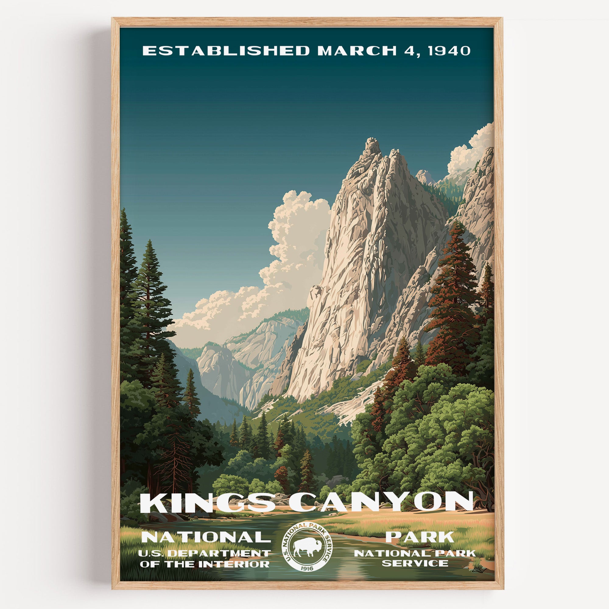 Kings Canyon National Park vintage travel poster in a wood frame, a soaring granite wall rising above dense pine forest