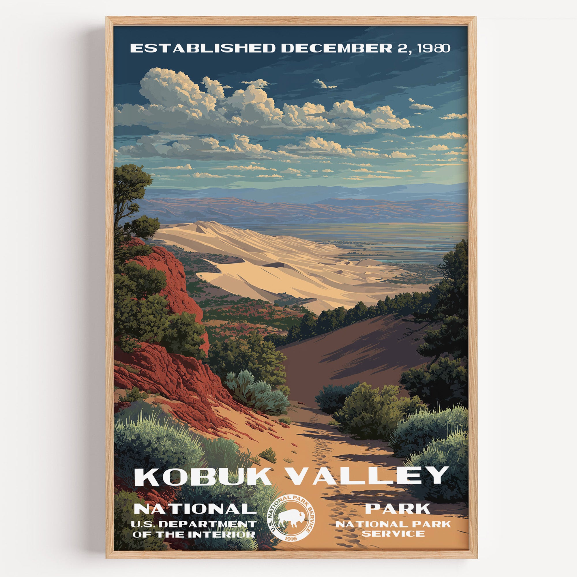 Kobuk Valley National Park vintage travel poster in a wood frame, arctic sand dunes meeting the tundra and a winding river